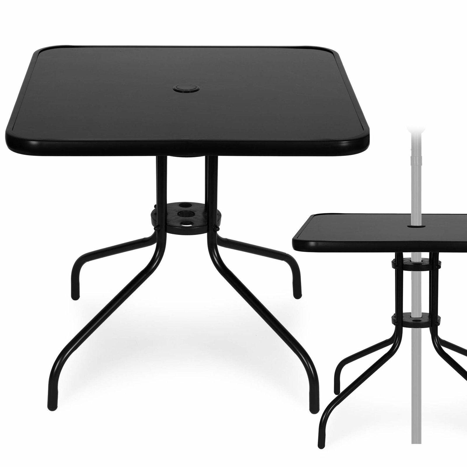 Firkantet havebord – 80 cm glas, parasolhul, sort
