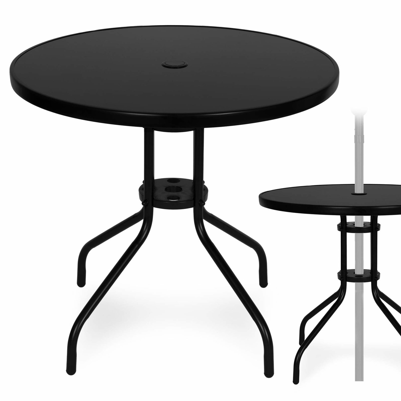 Rundt havebord – 80 cm hærdet glas, parasolklar