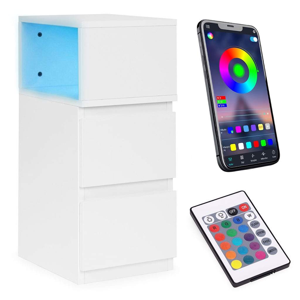 LED-sängbord med lådor – vit MDF, fjärrkontroll | Hem & Hobby | Pryloteket