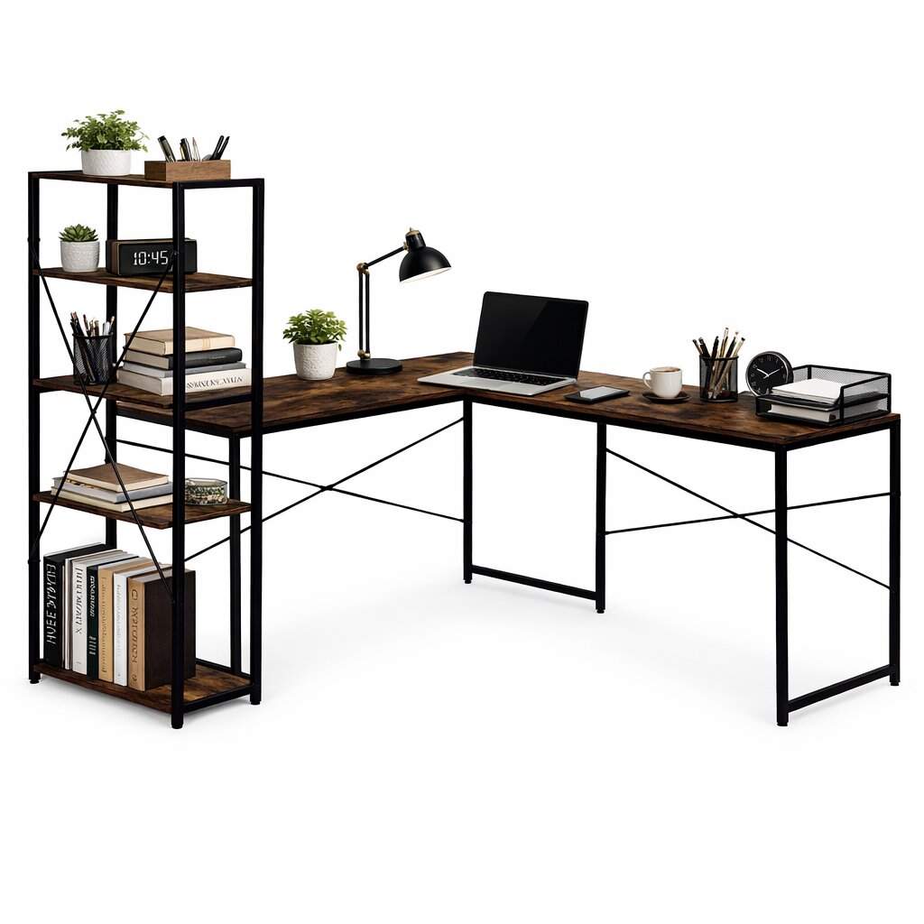 Hjørneskrivebord med hylder – Loft-stil, valnøddefinish