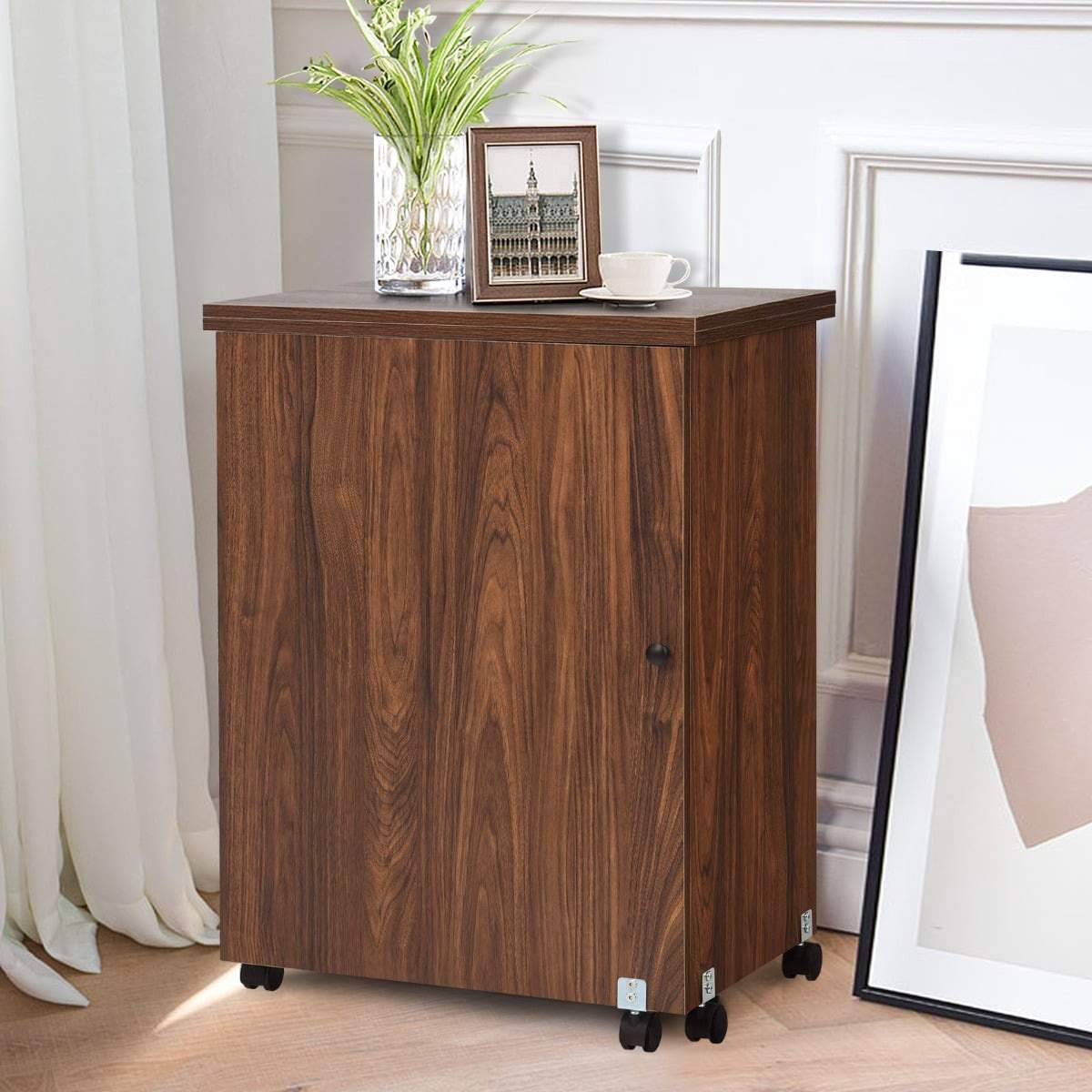 Sammenklappeligt sybord med hjul – brun MDF, rigelig opbevaring