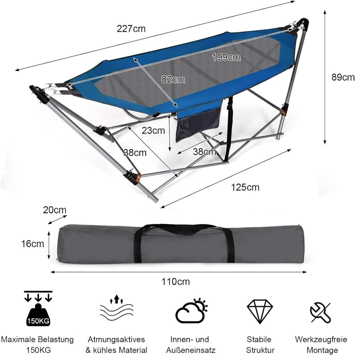 Sammenklappelig hængekøje med stativ og sidelomme – Blå