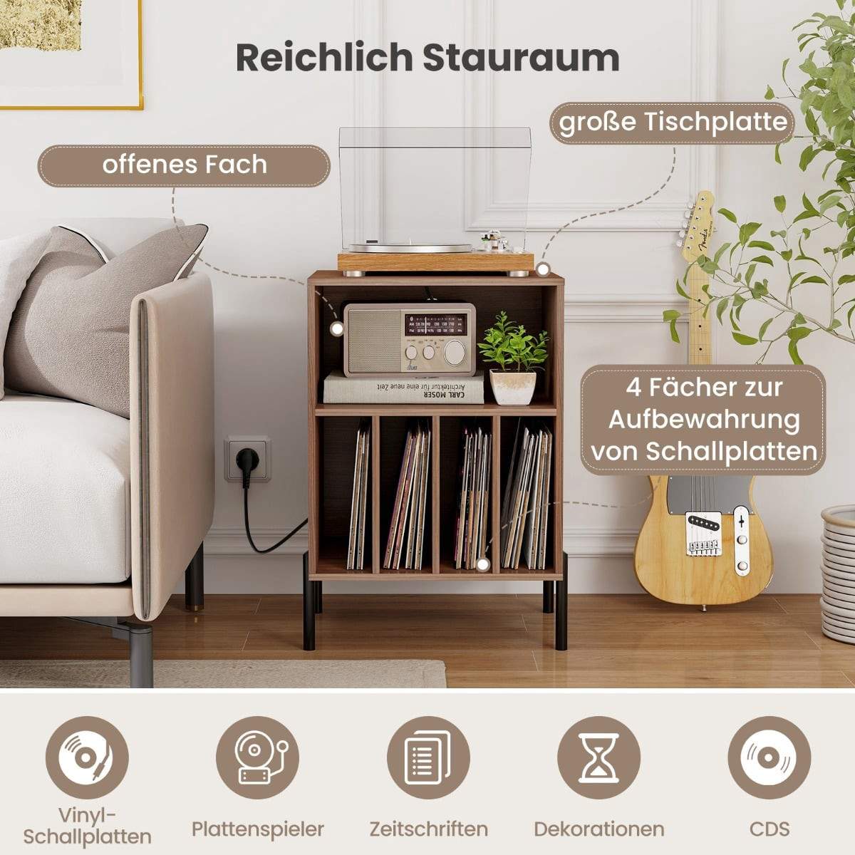 Pladespillerstativ med ladestation og opbevaringshylder