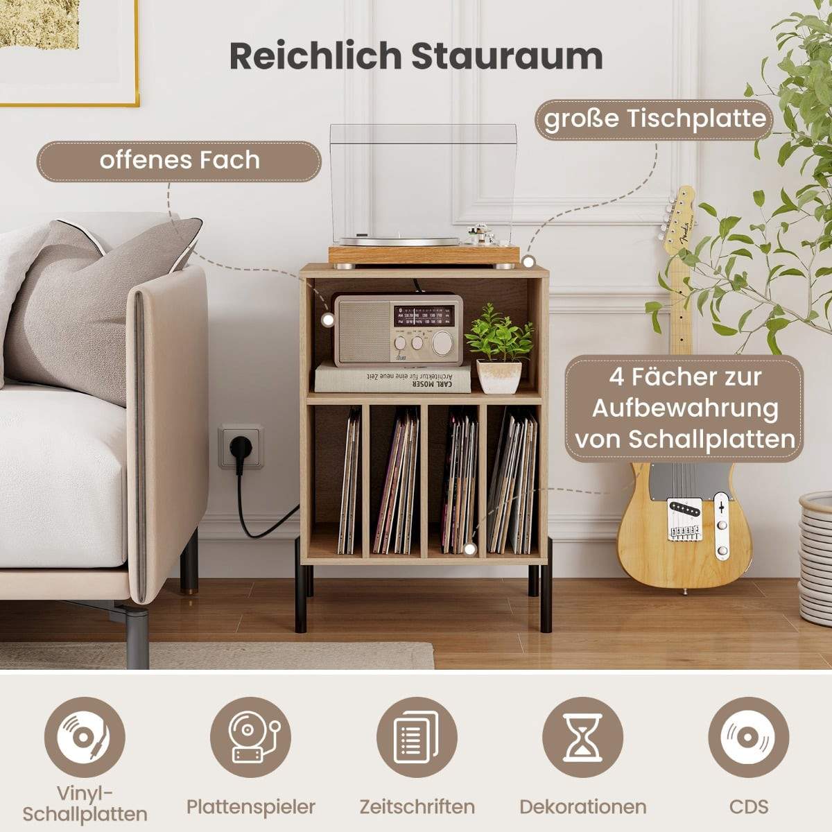 Pladespillerstativ med ladestation og vinylopbevaring