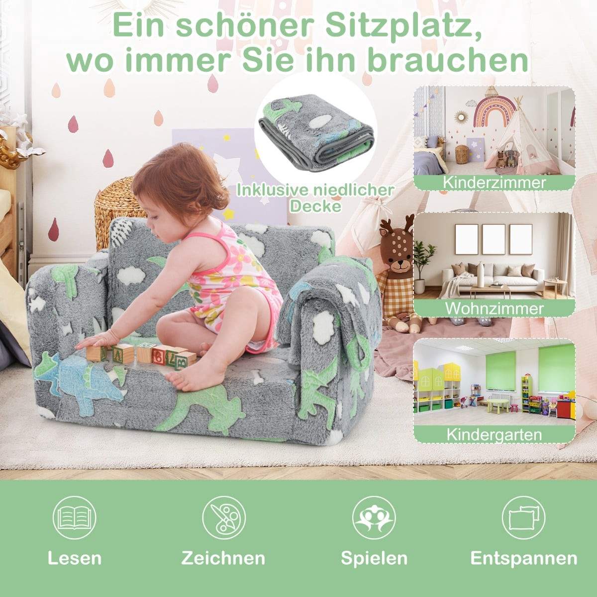 Sovesofa til småbørn med tæppe – flannel, selvlysende