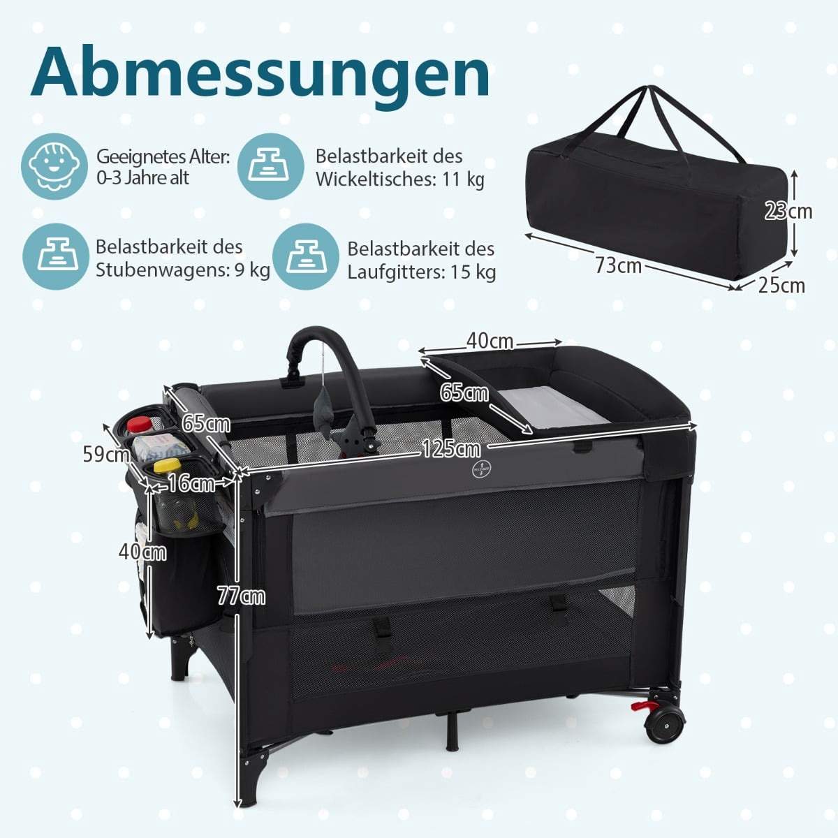 5-i-1 babyrejseseng med madras og puslebord