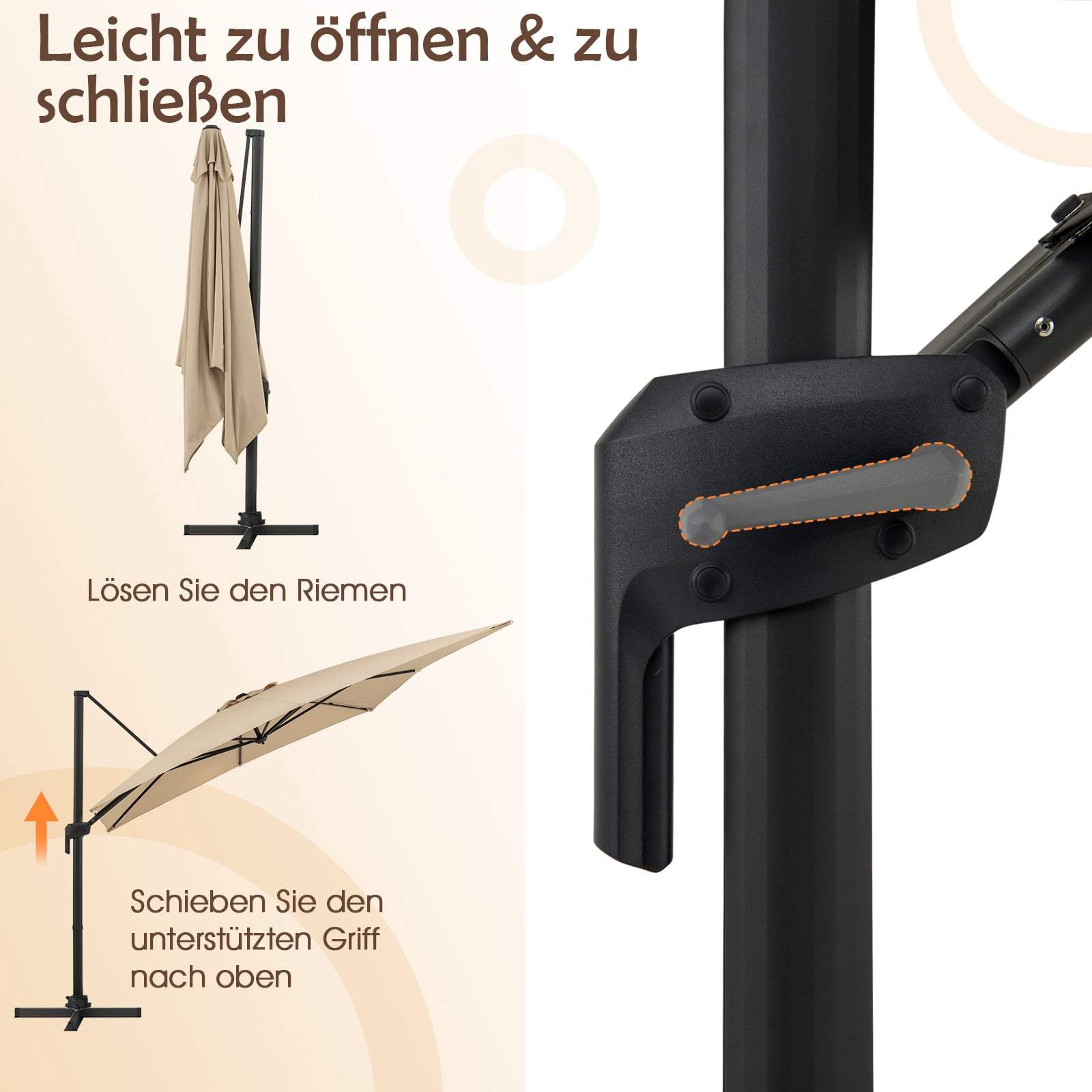 Stor beige terrasseparasol – 300x300 cm, 360 graders rotation