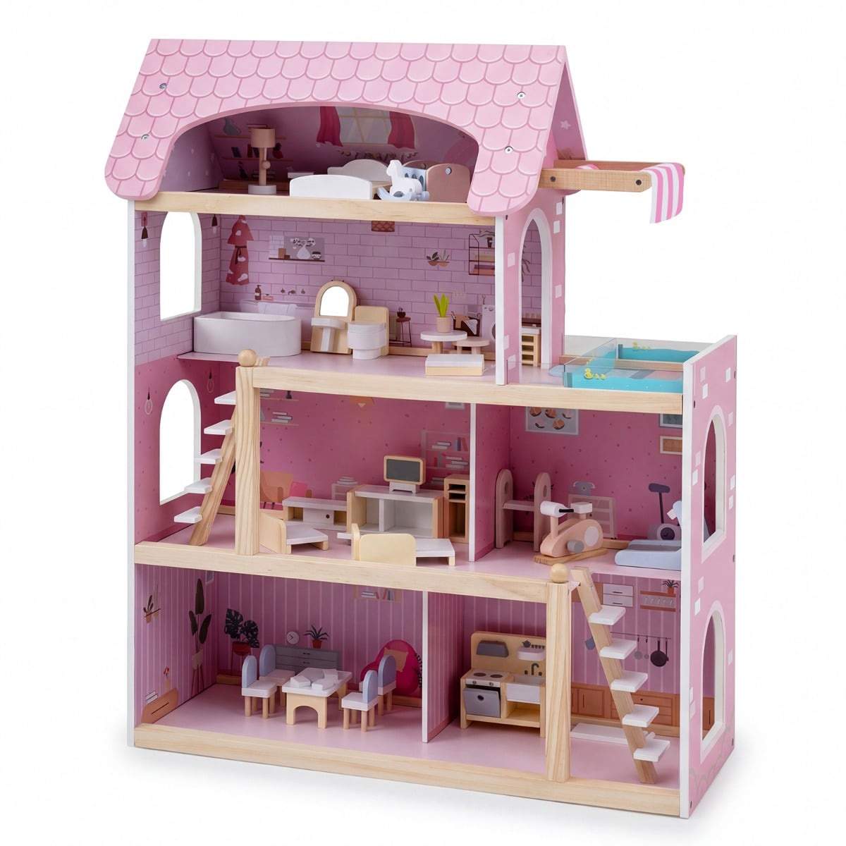 Trädockhus med 33 möbler – Rosa | Hem & Hobby | Pryloteket