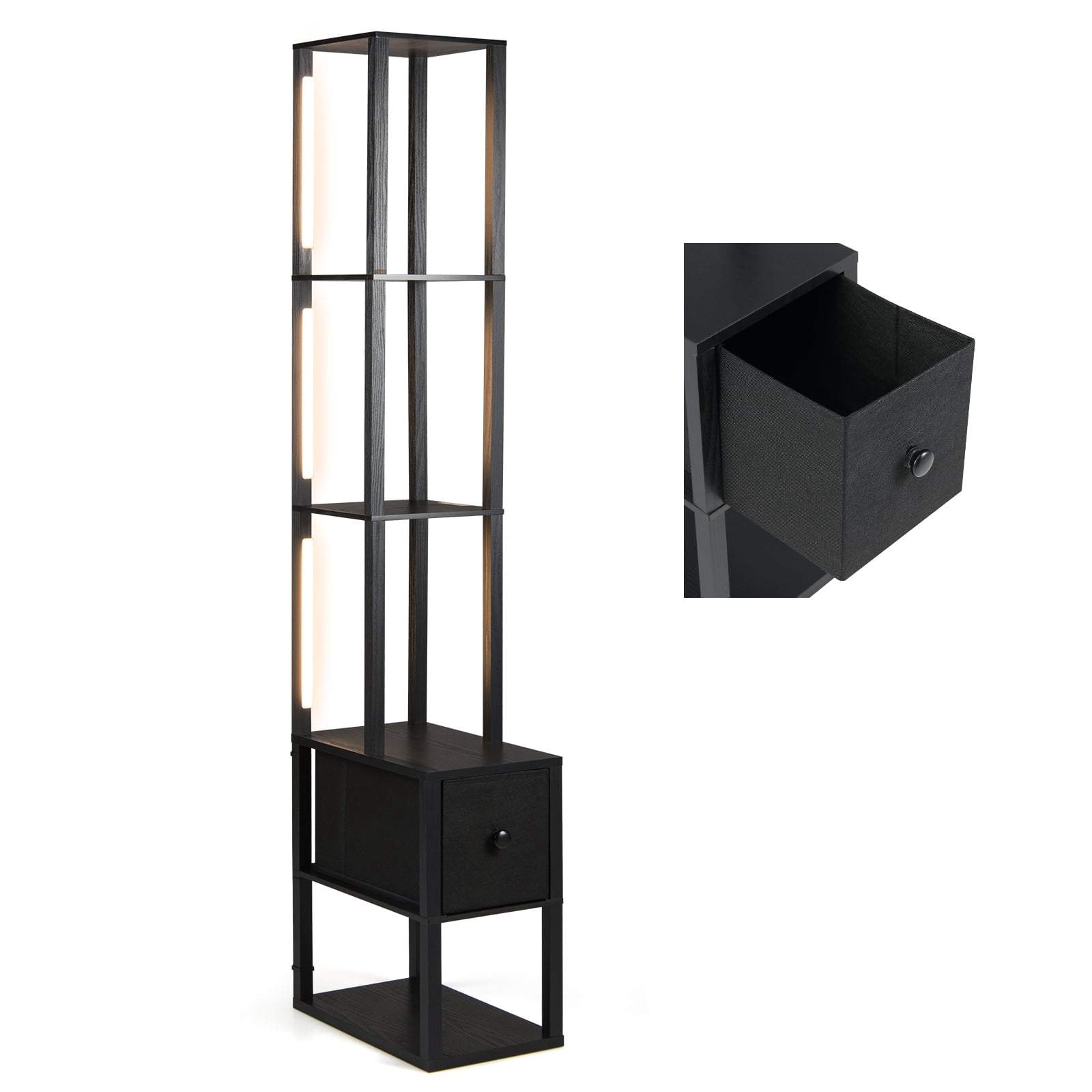 Justerbar LED-gulvlampe med hylder og bord