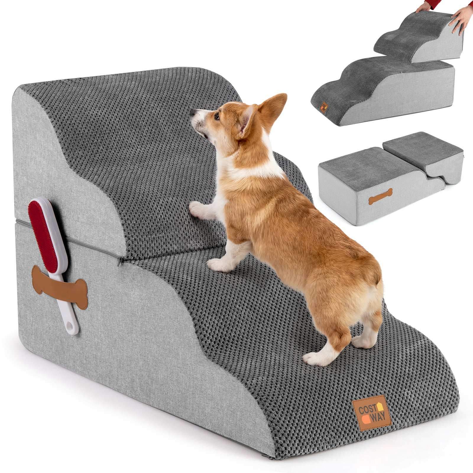 Kæledyrstrappe til små hunde – 4-trins, blød fleece, grå