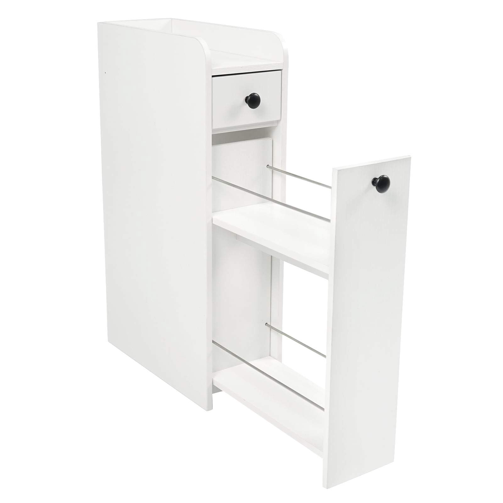 Slankt badeværelsesskab med hjul – hvidt, 2 skuffer, åben hylde