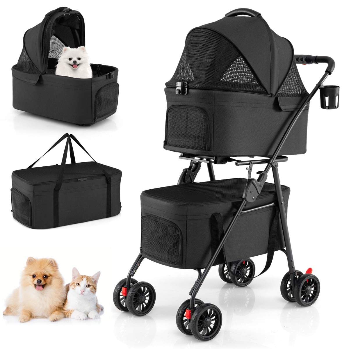 Sammenklappelig 3-i-1 kæledyrsklapvogn med dobbelt bæresele – sort