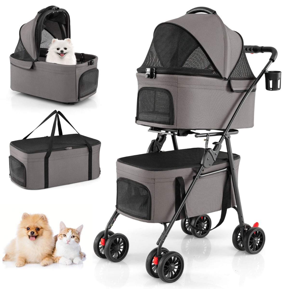 Hopfällbar 3-i-1-djurvagn med dubbla bärselar – Grå | Hem & Hobby | Pryloteket