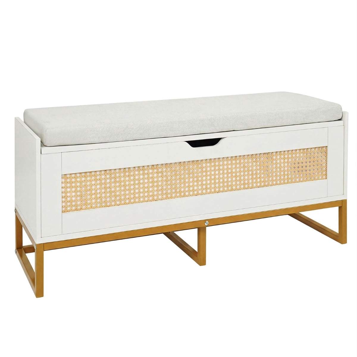 Rattan skobænk med hynde – 200 kg kapacitet, hvid