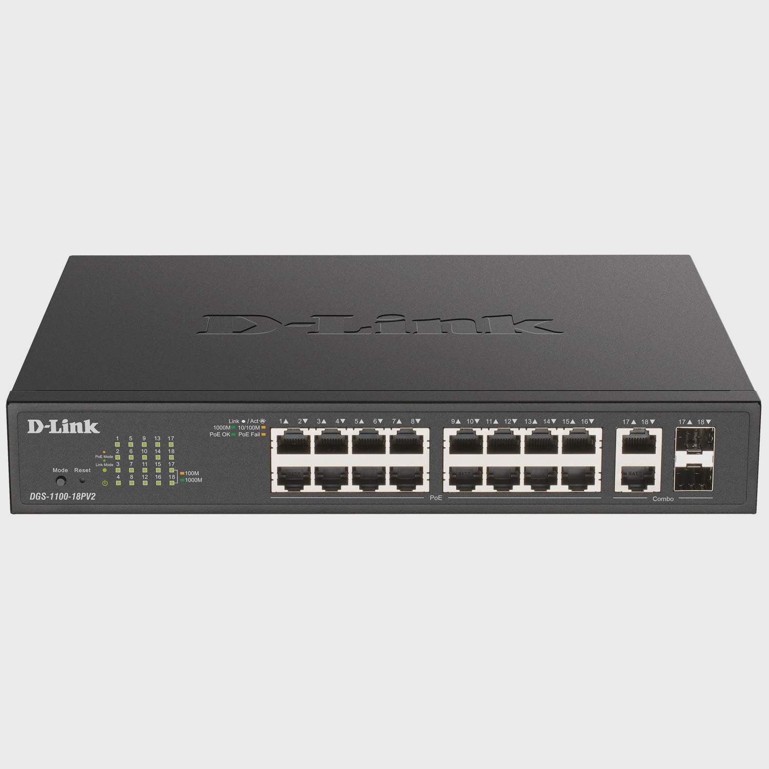 18-ports Gigabit-switch med PoE og webinterface billede