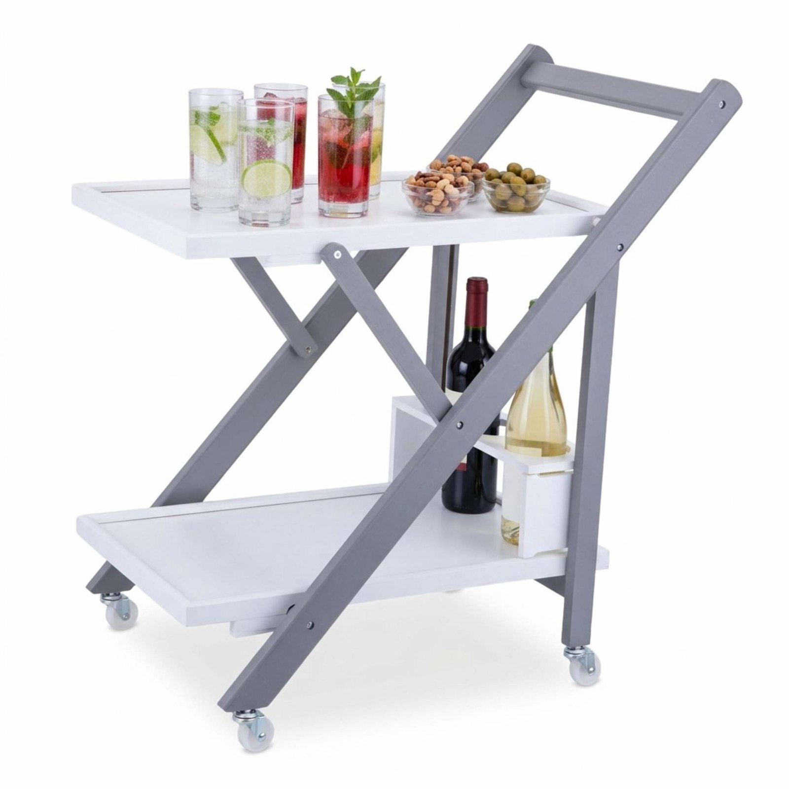 Bambus serveringsvogn med 2 niveauer og flaskeholder