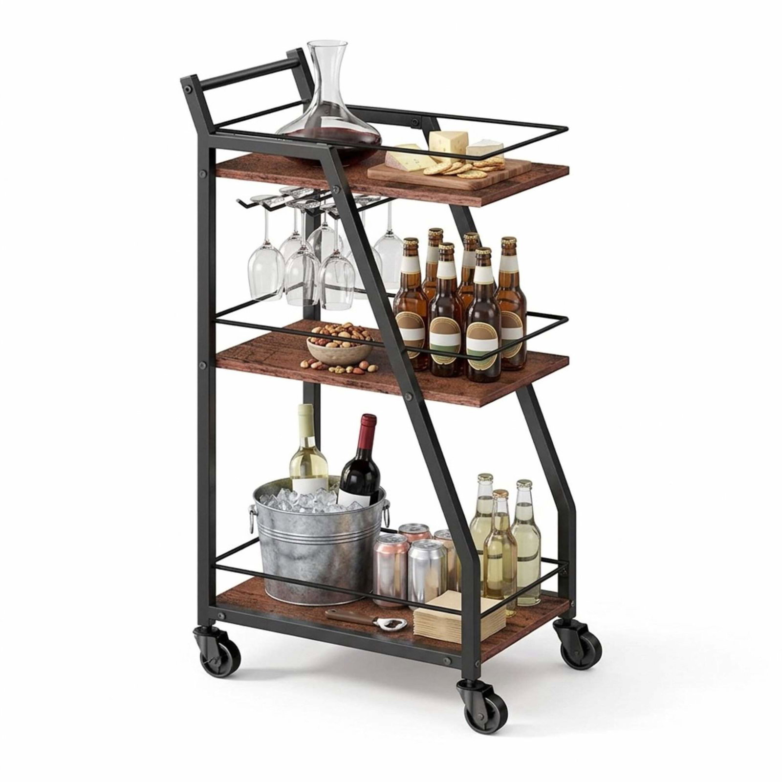 Køkkenvogn, 3-etagers med glashylde og hjul