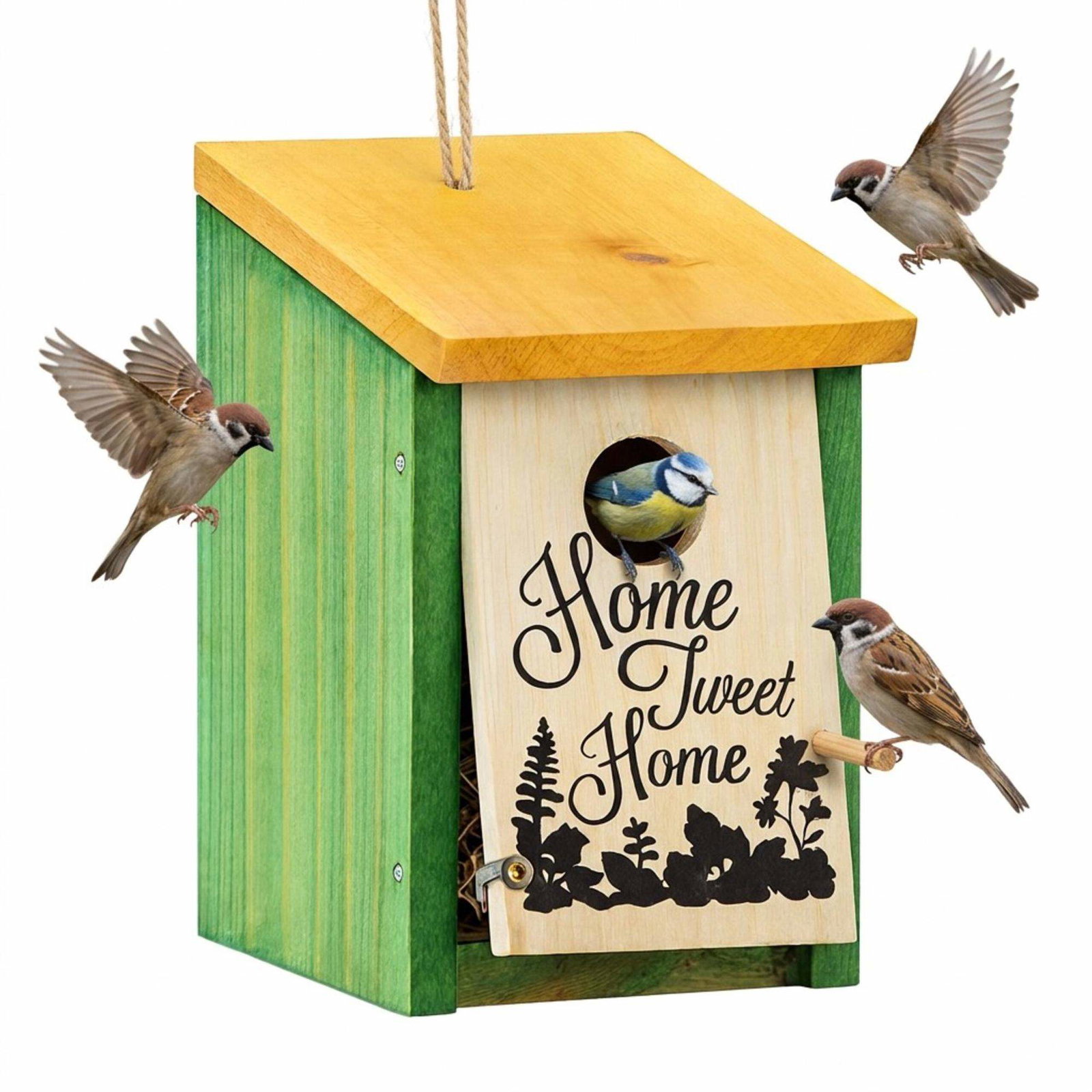 Fuglehus til små fugle – Rødt, grønt tag, let at rengøre