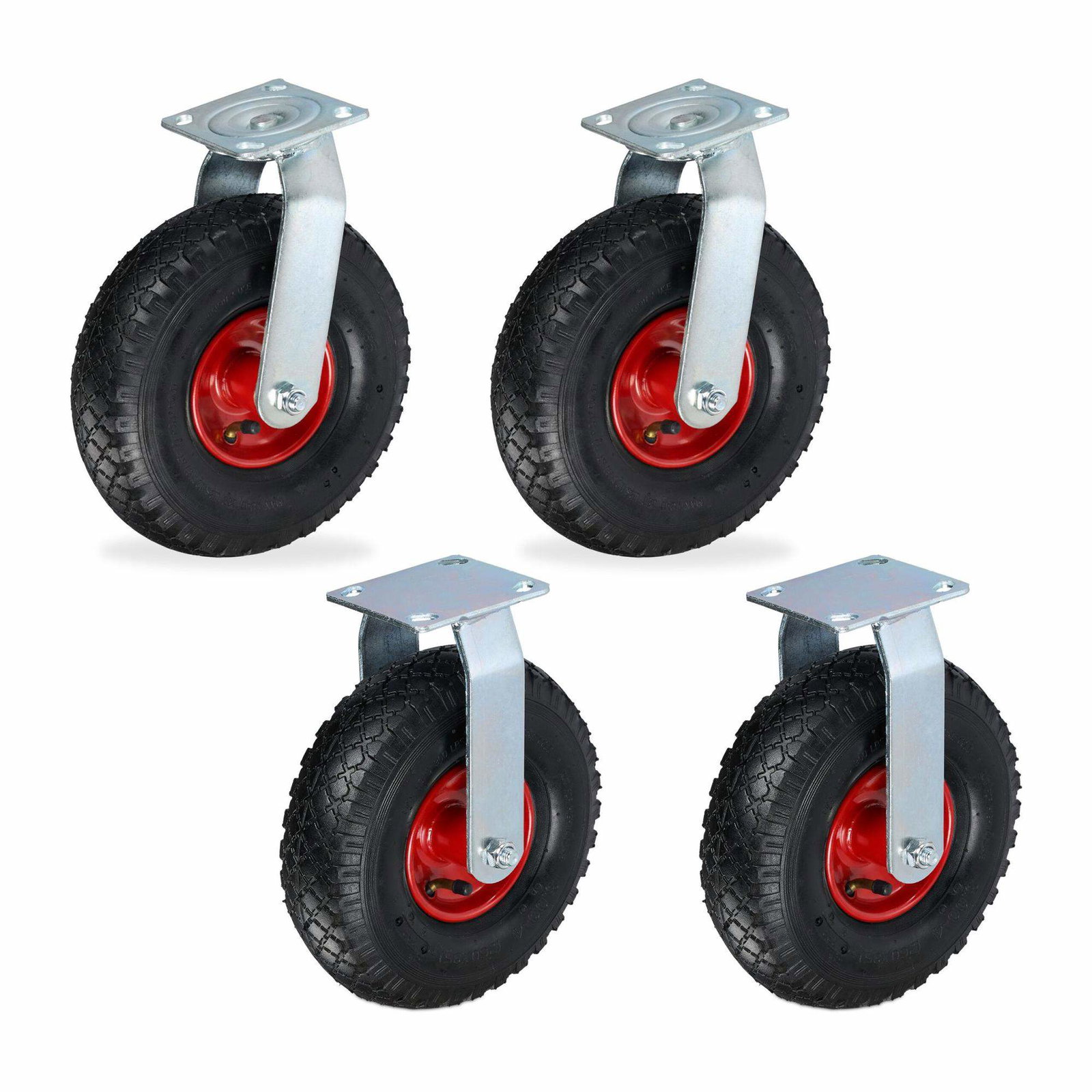 Kraftigt hjulsæt – 2 faste, 2 drejelige, luftgummihjul