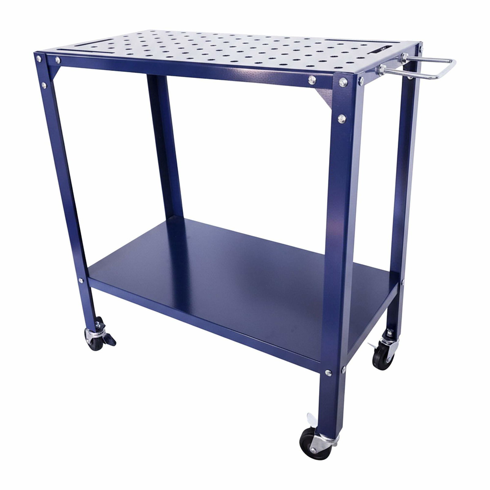 Mobilt svejsebord med perforeret top og låsbare hjul