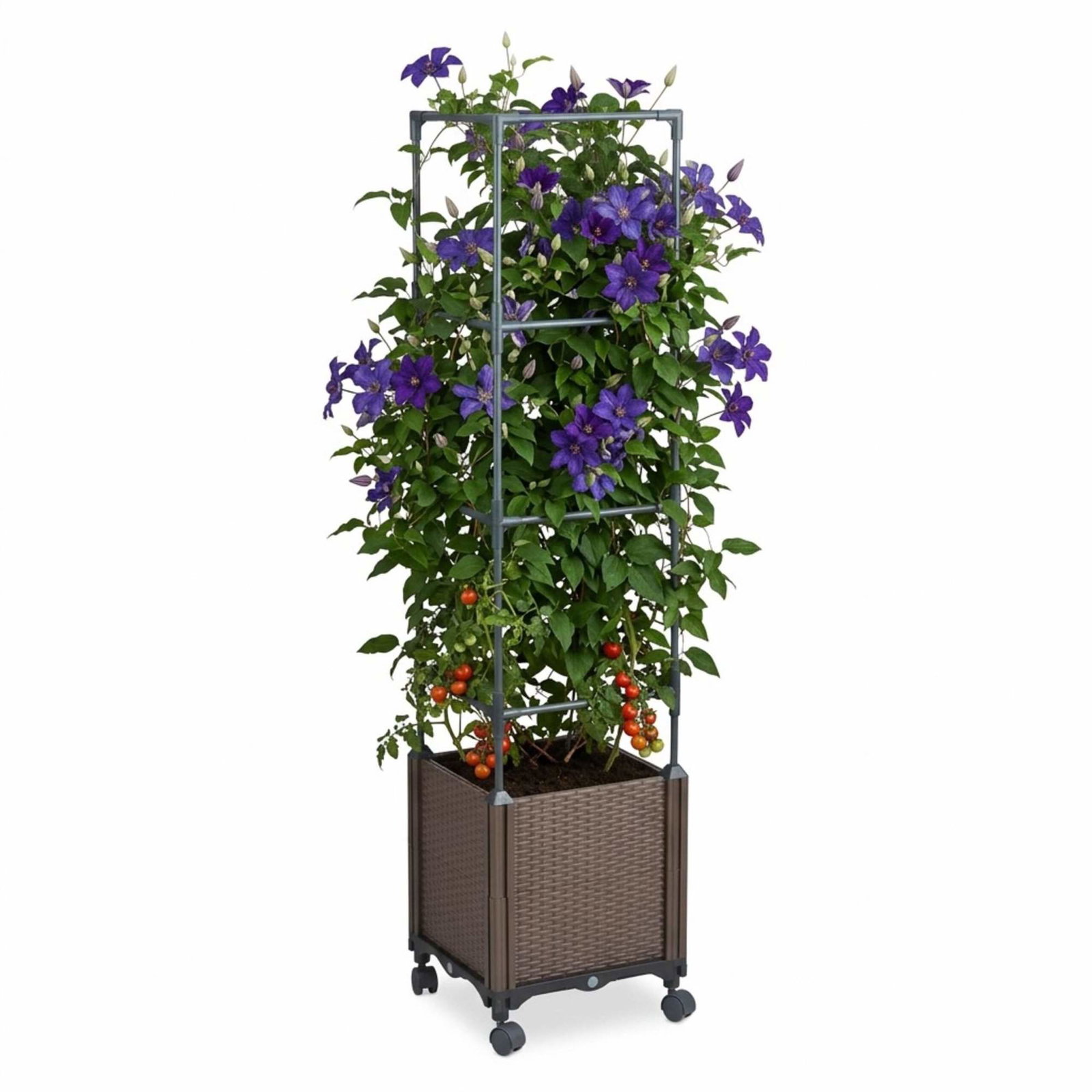 Rattan-stil plantekasse med espalier og hjul