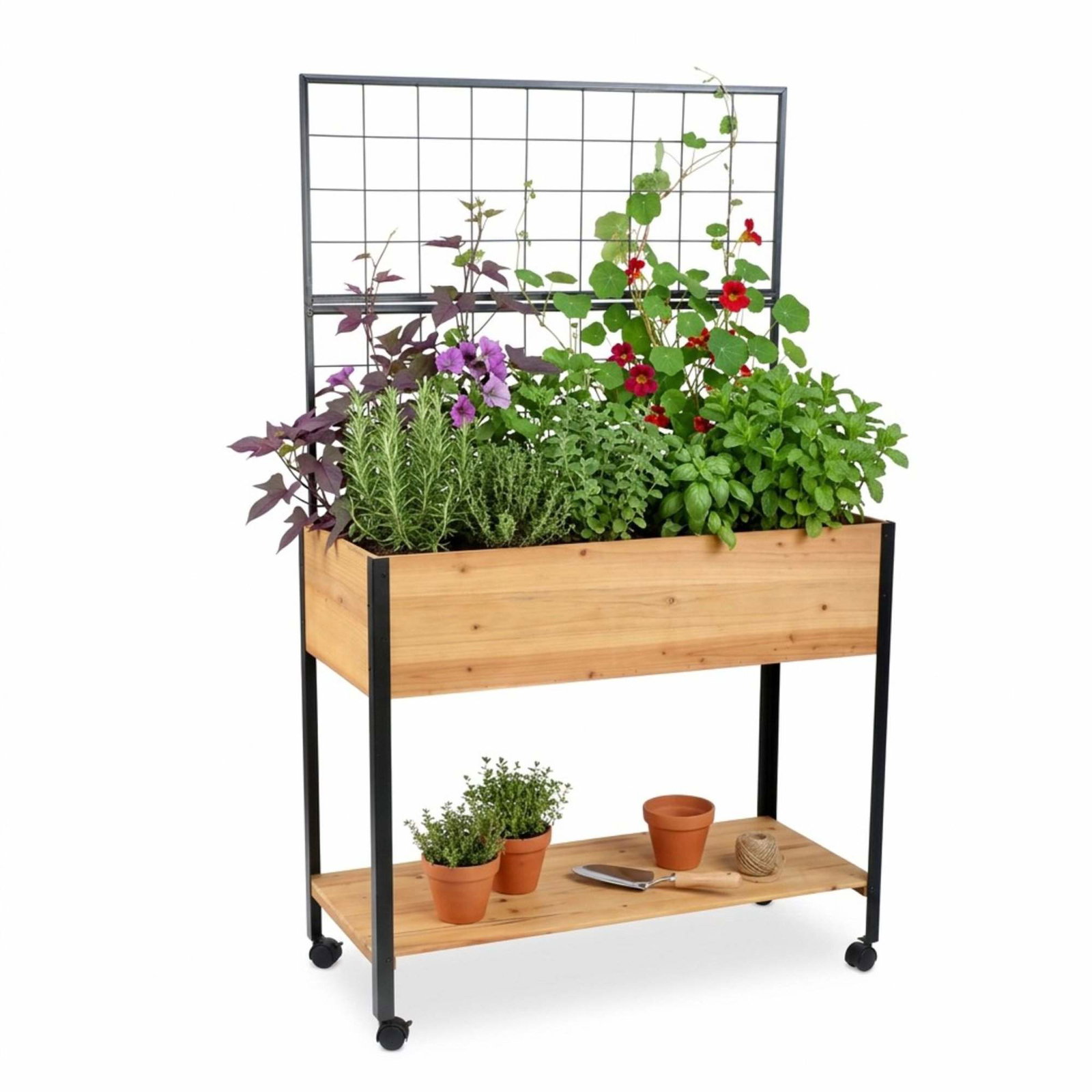 Upphöjd säng i furu och stål med spaljé och hyllplan | Hem & Hobby | Pryloteket