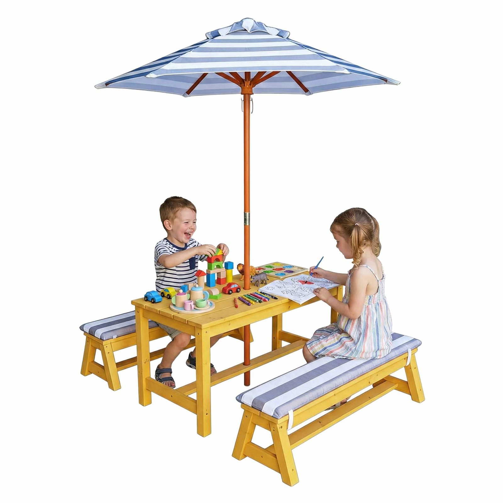 Børnepicnicsæt med parasol og hynder – fyrtræ, plads til 4