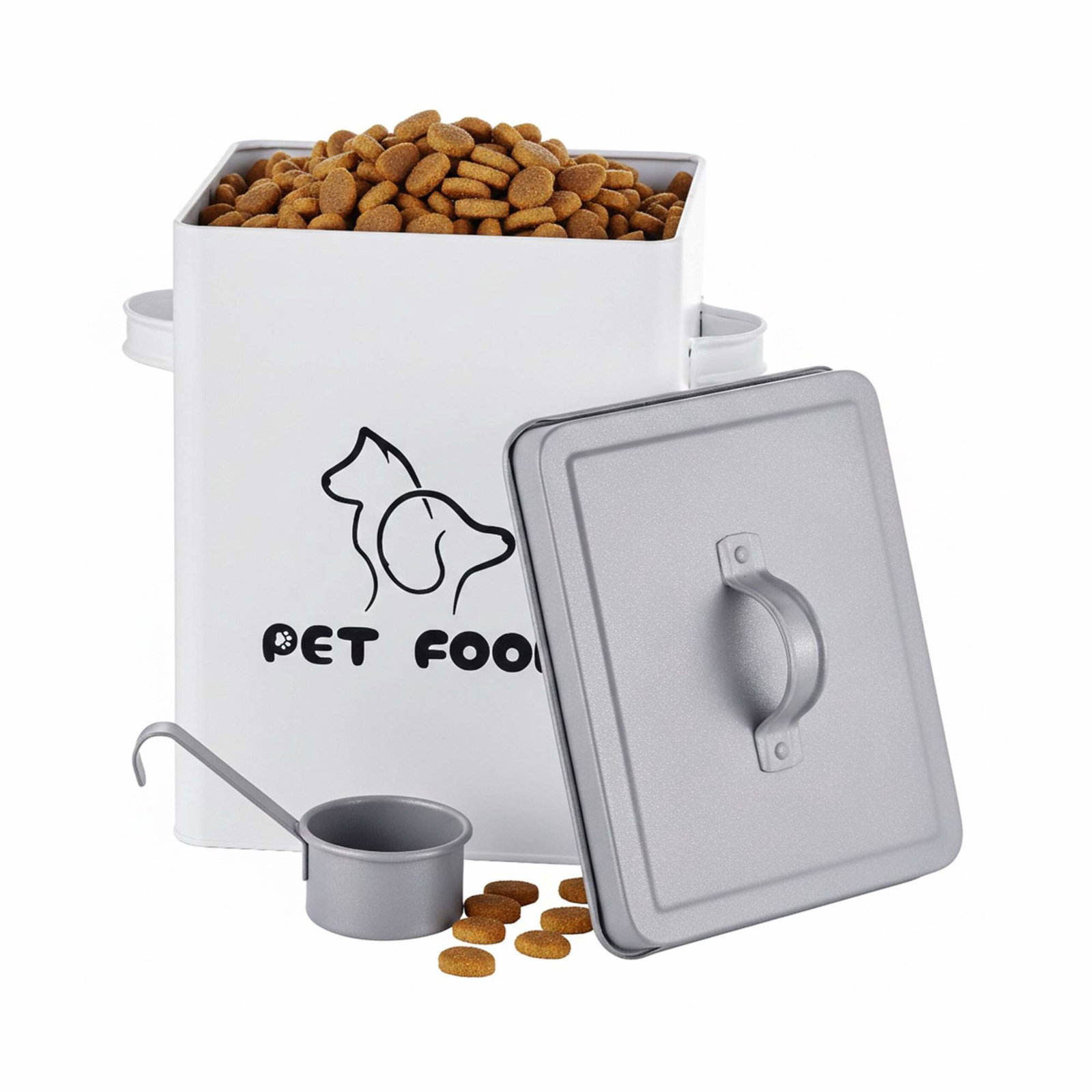 Opbevaringsboks til kæledyrsfoder med låg og ske – metalbeholder