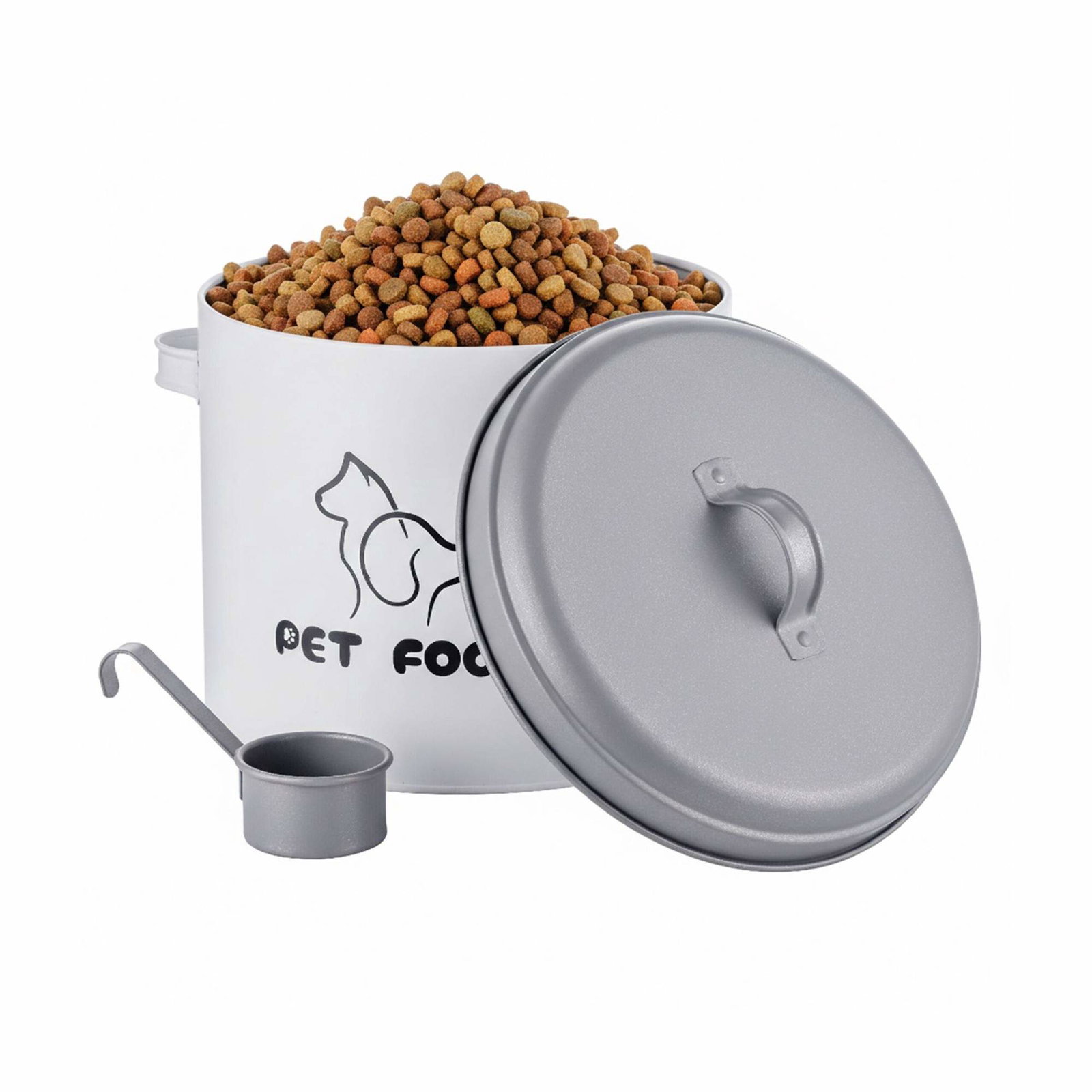 Opbevaringsboks til kæledyrsfoder med låg og ske – metal, lufttæt