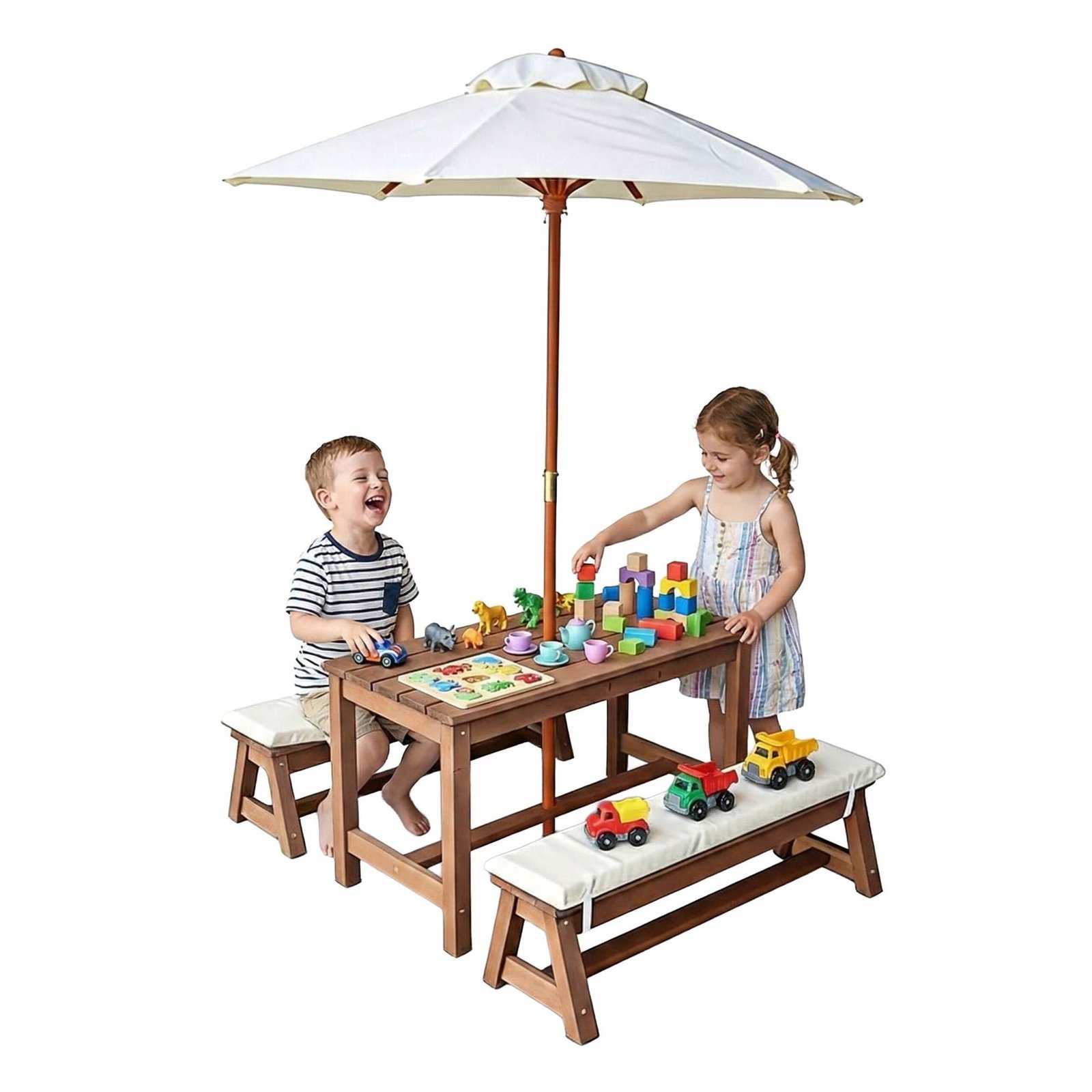 Børne picnicsæt med parasol og hynder – fyrtræ, justerbar