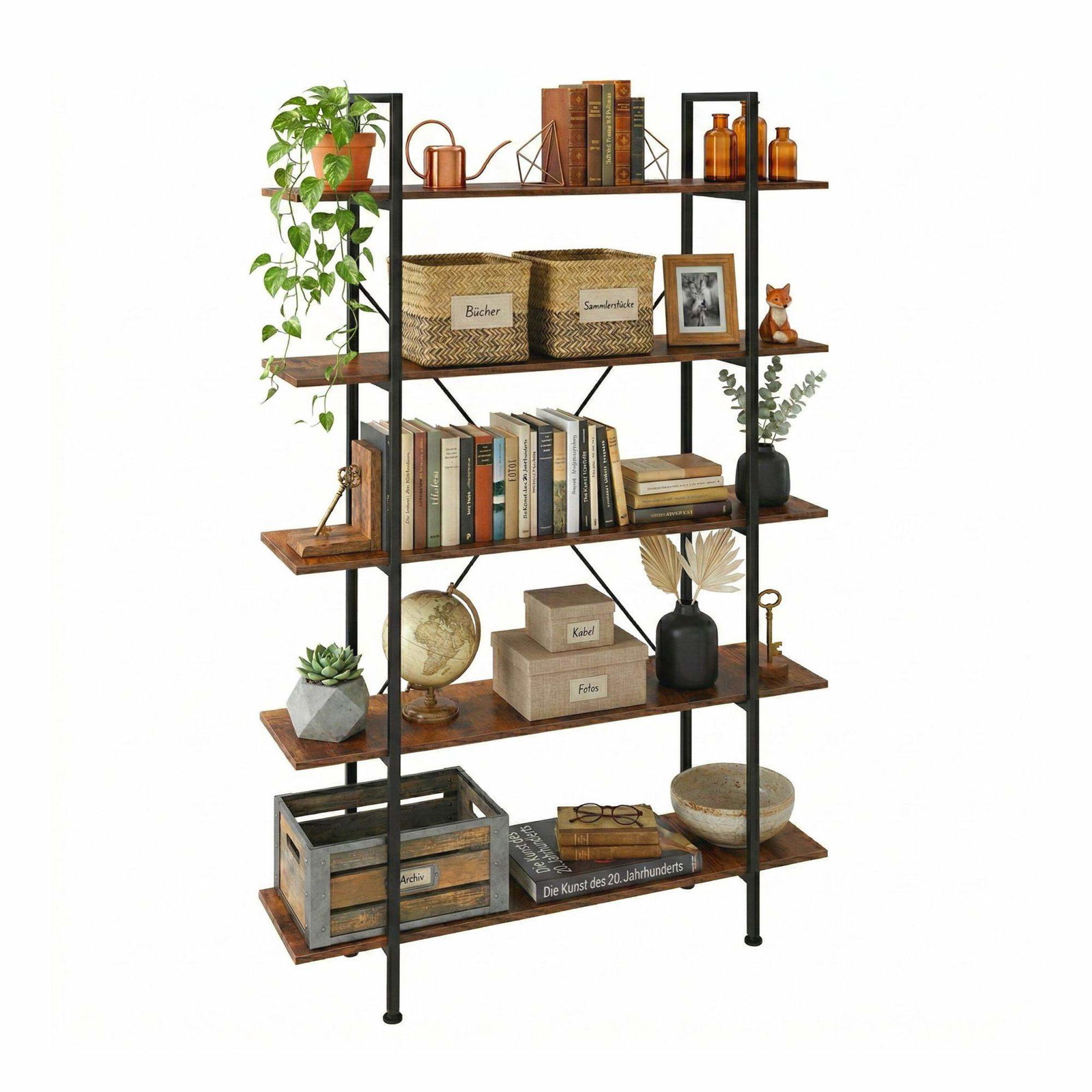 Industriell bokhylla – 5 hyllor, träeffekt, metallram | Hem & Hobby | Pryloteket