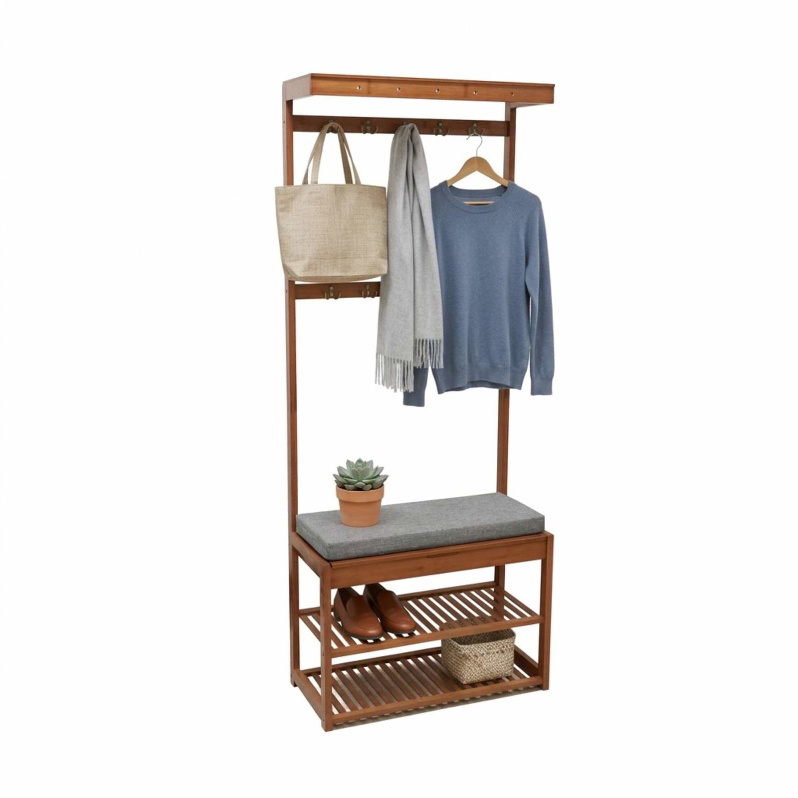 Bänk för klädhängare i bambu med förvaringshyllor och krokar | Hem & Hobby | Pryloteket