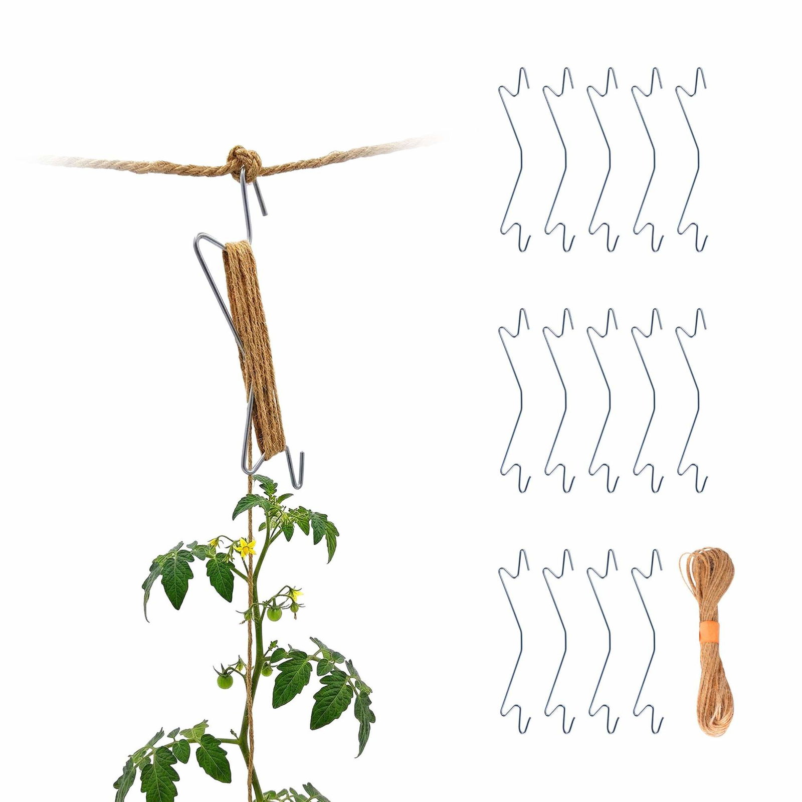 Tomatplantekroge med jutesnor – sæt med 15