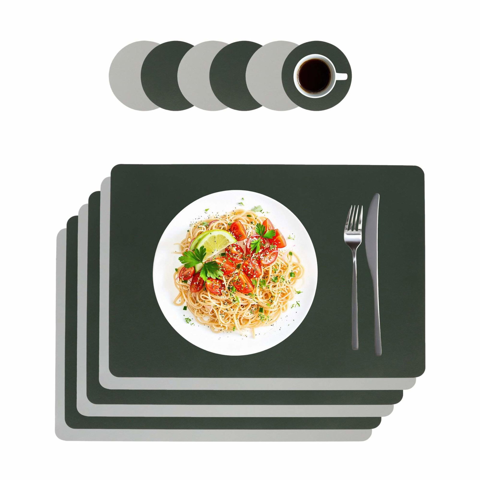 Sæt med dækkeservietter og bordskånere i kunstlæder, vendbare, nemme at vedligeholde