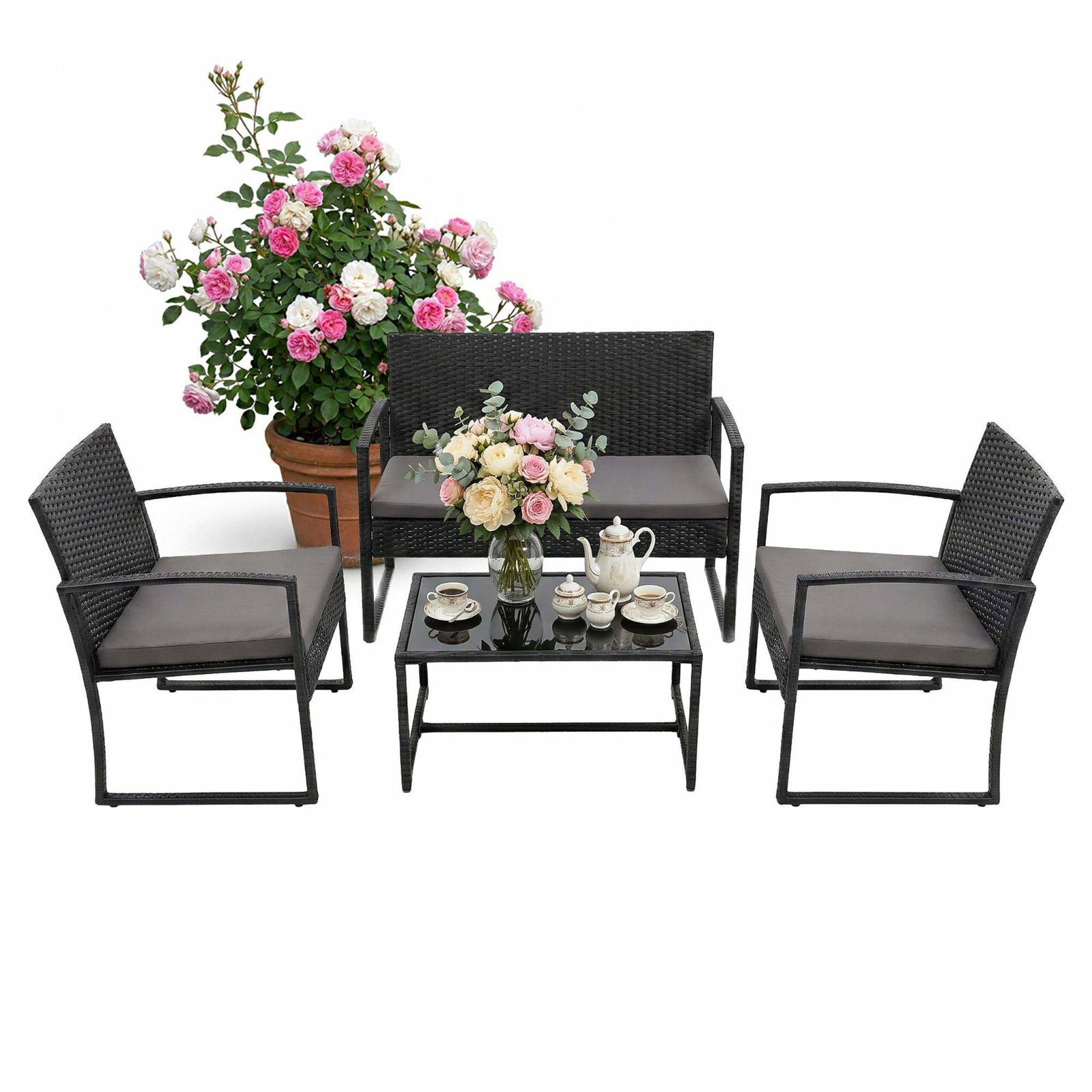 Rattan havesæt – 4 dele, vejrbestandig, polstret