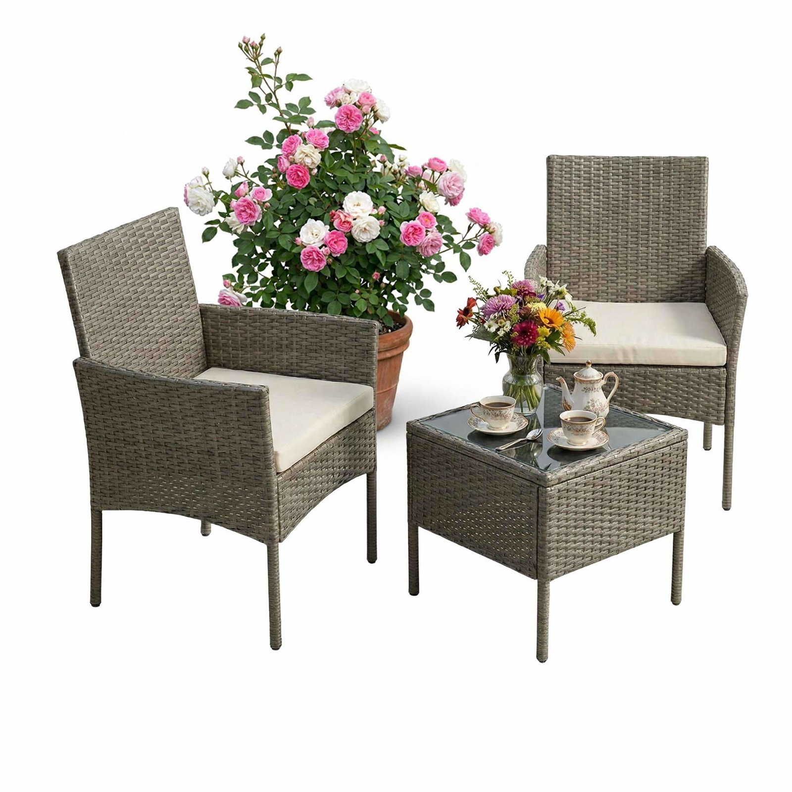 Rattan havesæt – 3 dele, vejrbestandig, polstret