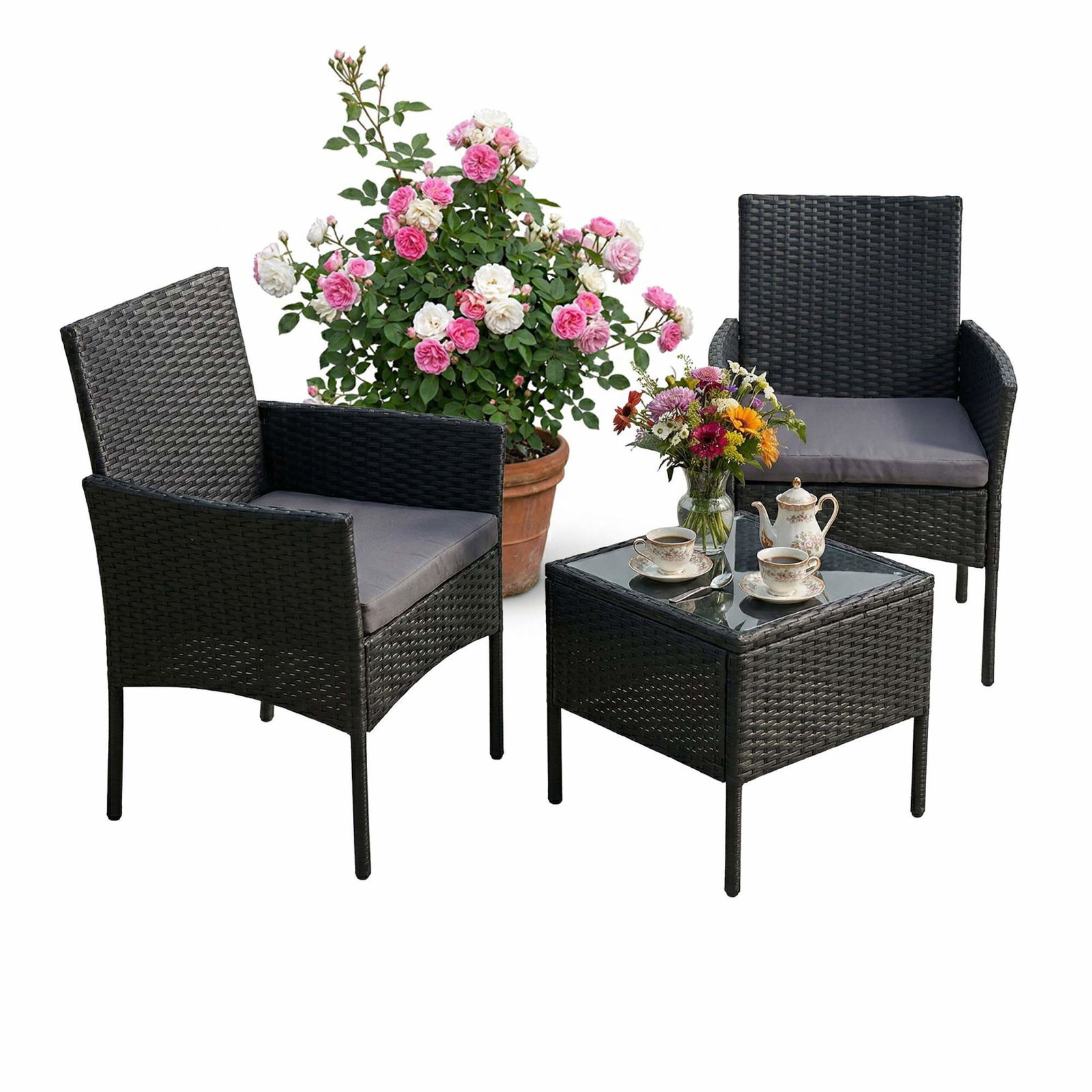 Rattan havesæt – 3 dele, vejrbestandig, polstret