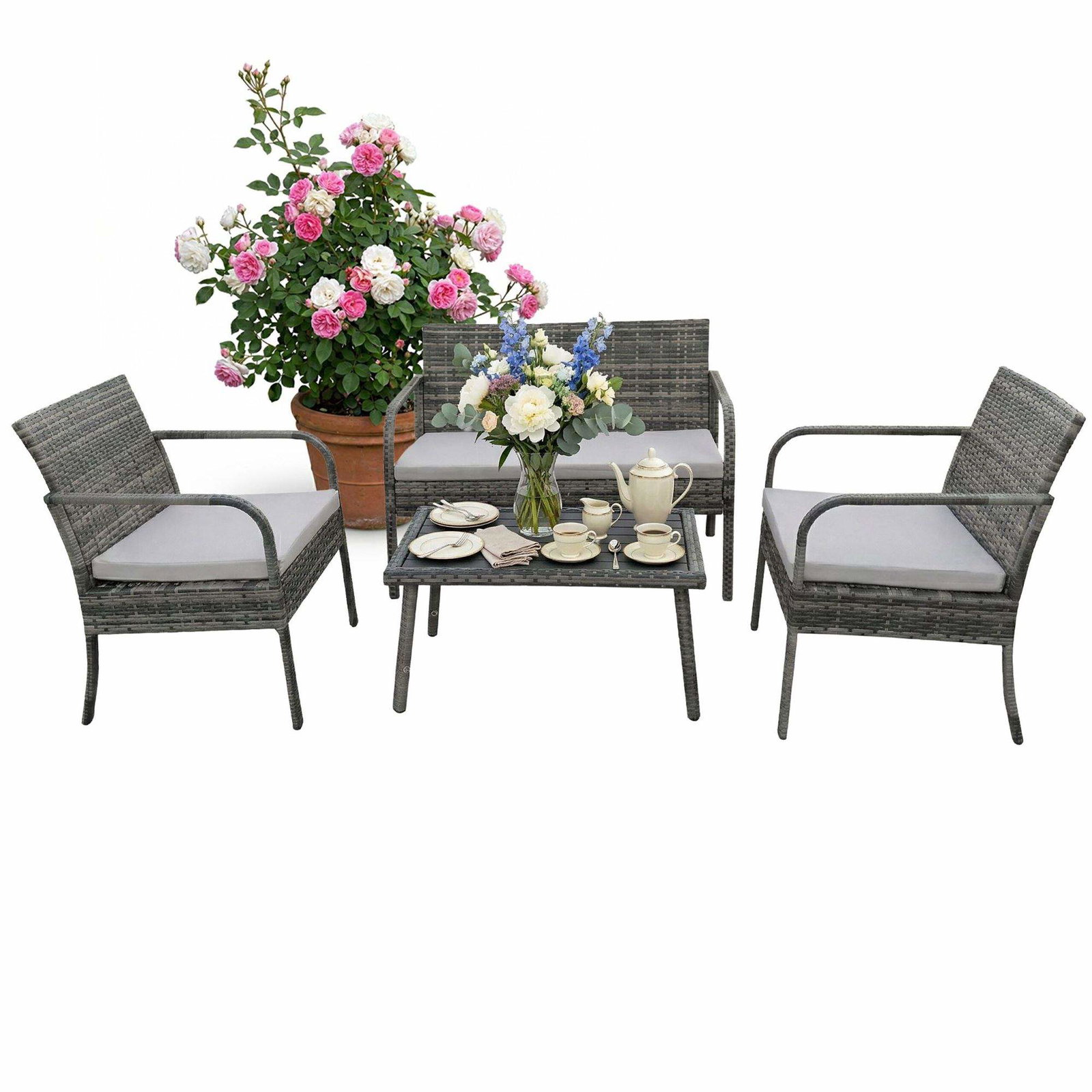 4-delt rattan havesæt – vejrbestandigt, polstret