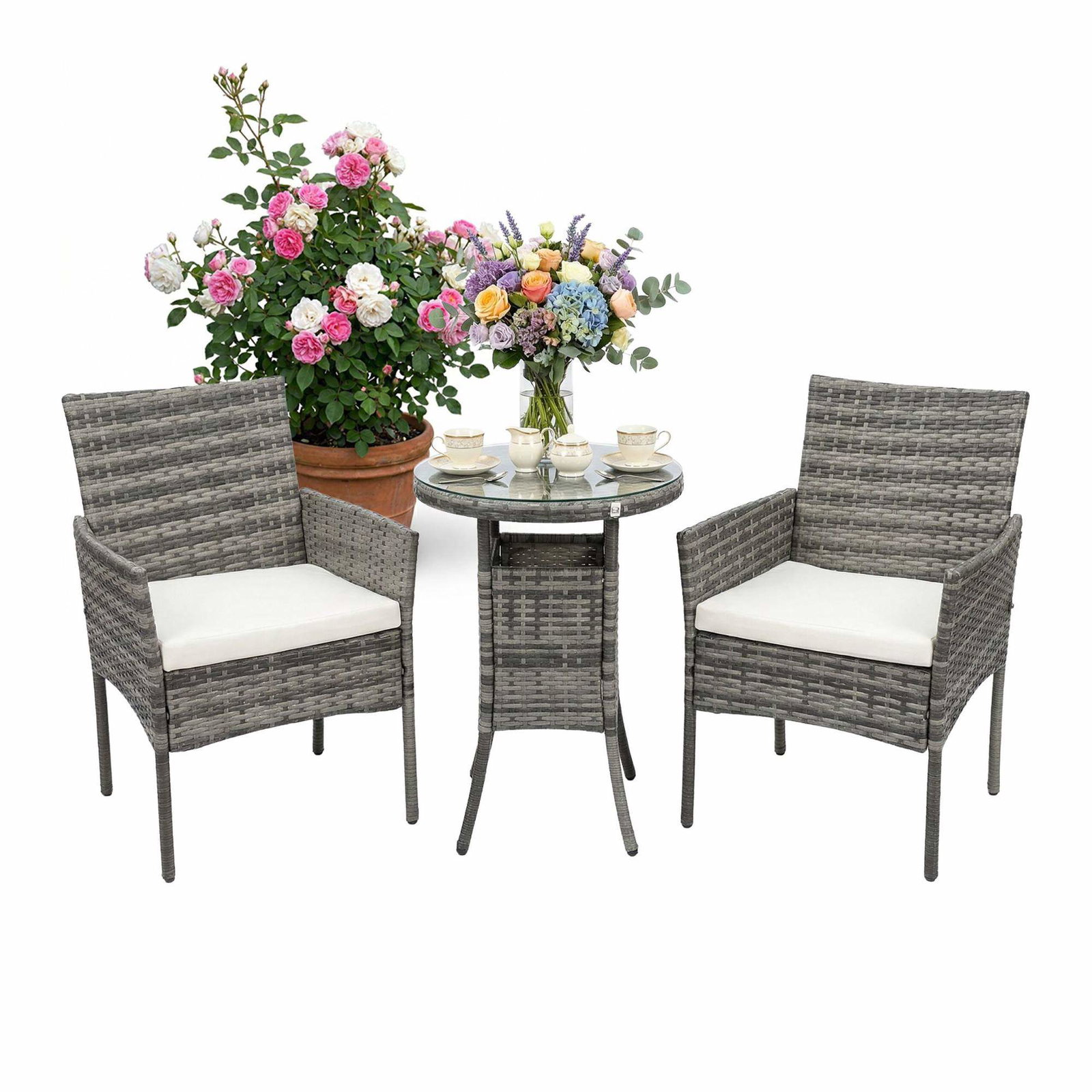 Rattan havemøbelsæt til 2 – Lænestole og glasbord