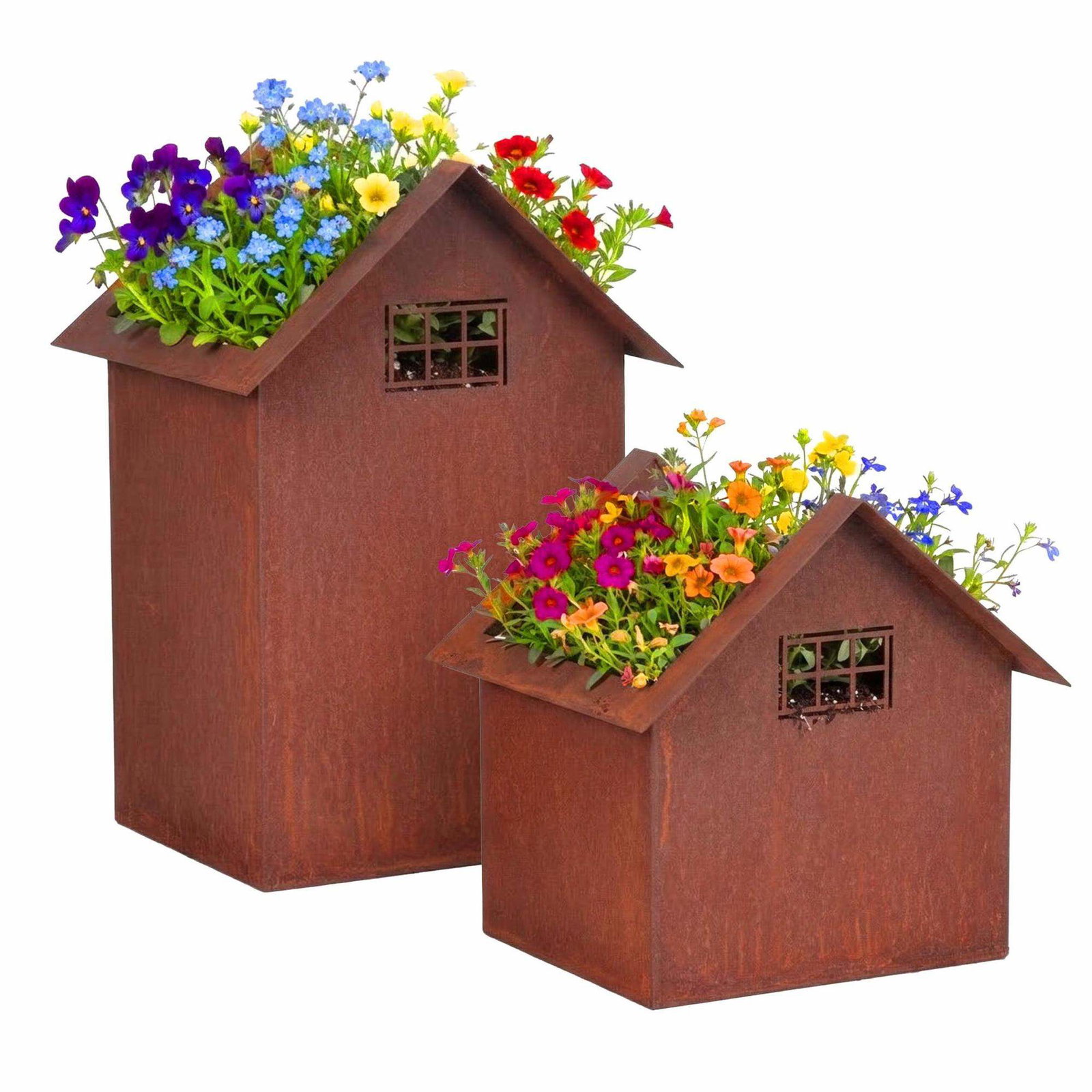 Rustikke metalhusplanter – sæt med 2 havedekorationer