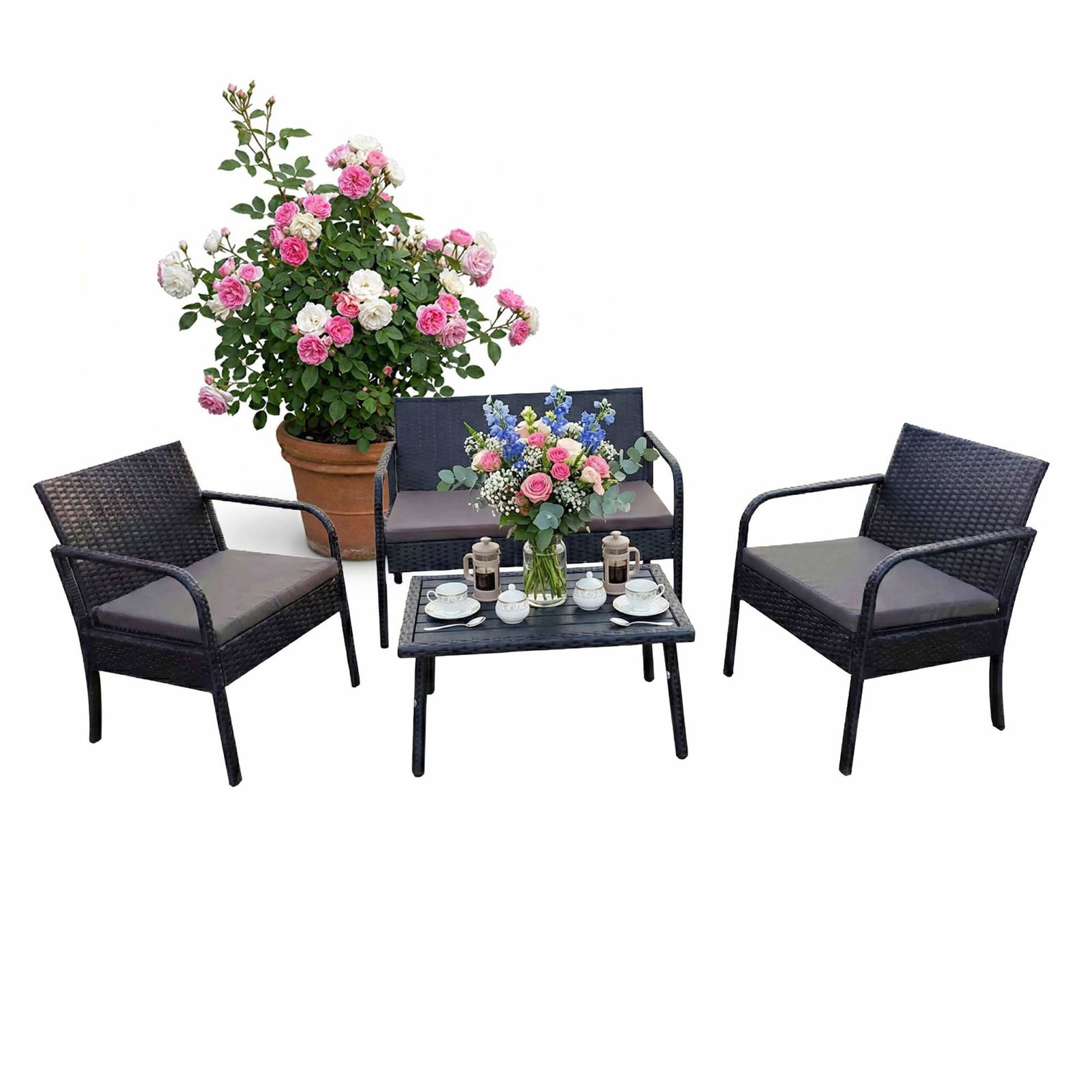 Rattan havesæt – 4 dele, vejrbestandig, polstret