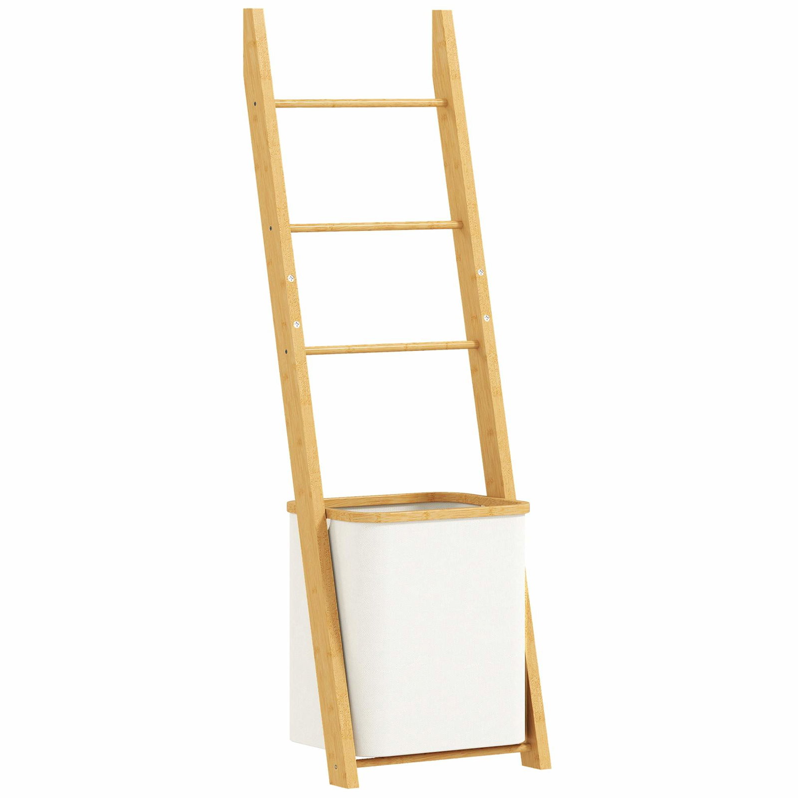 Bambus badeværelseshylde med håndklædestænger og vasketøjskurv