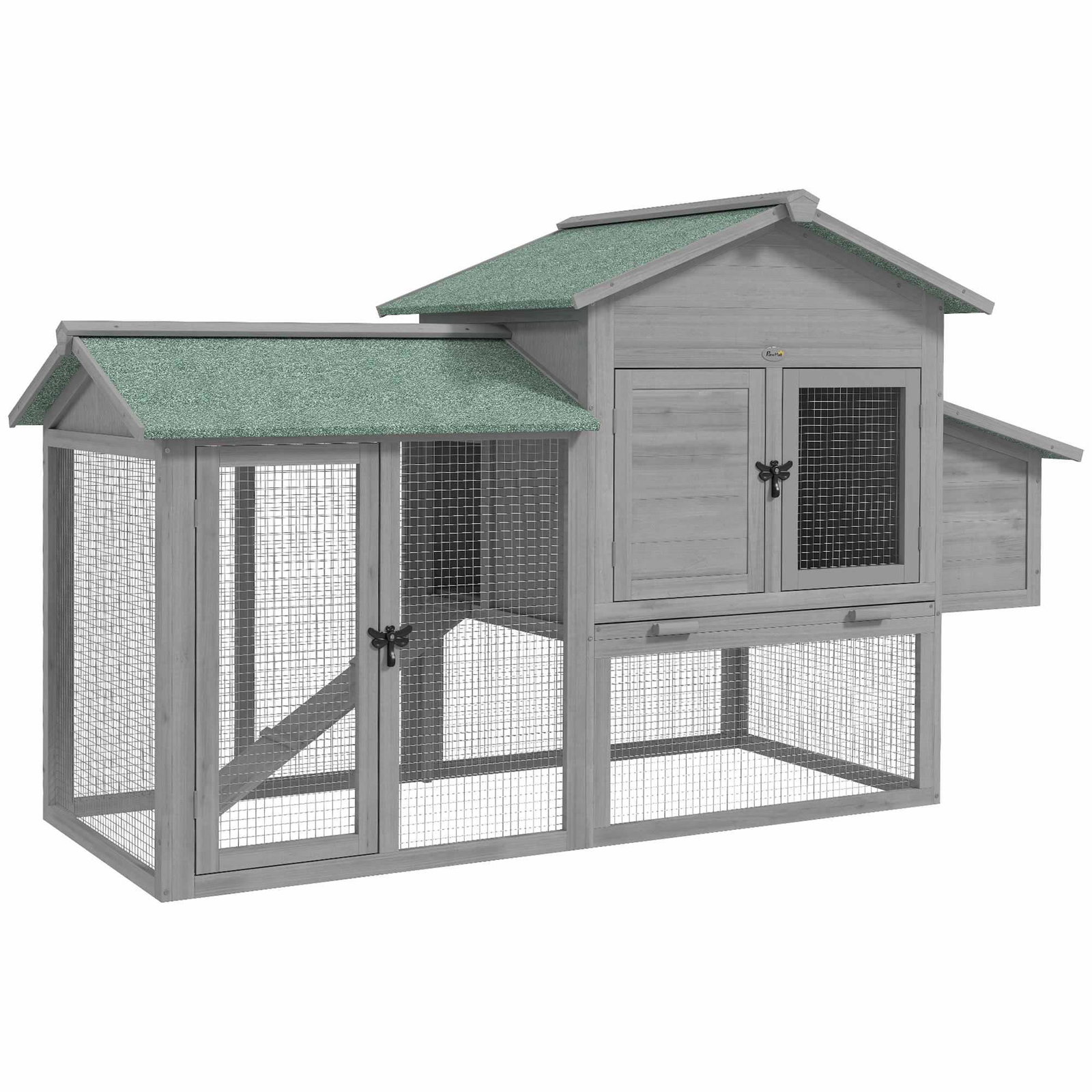 Træhønsehus med løbegård, redekasse og rampe – grå