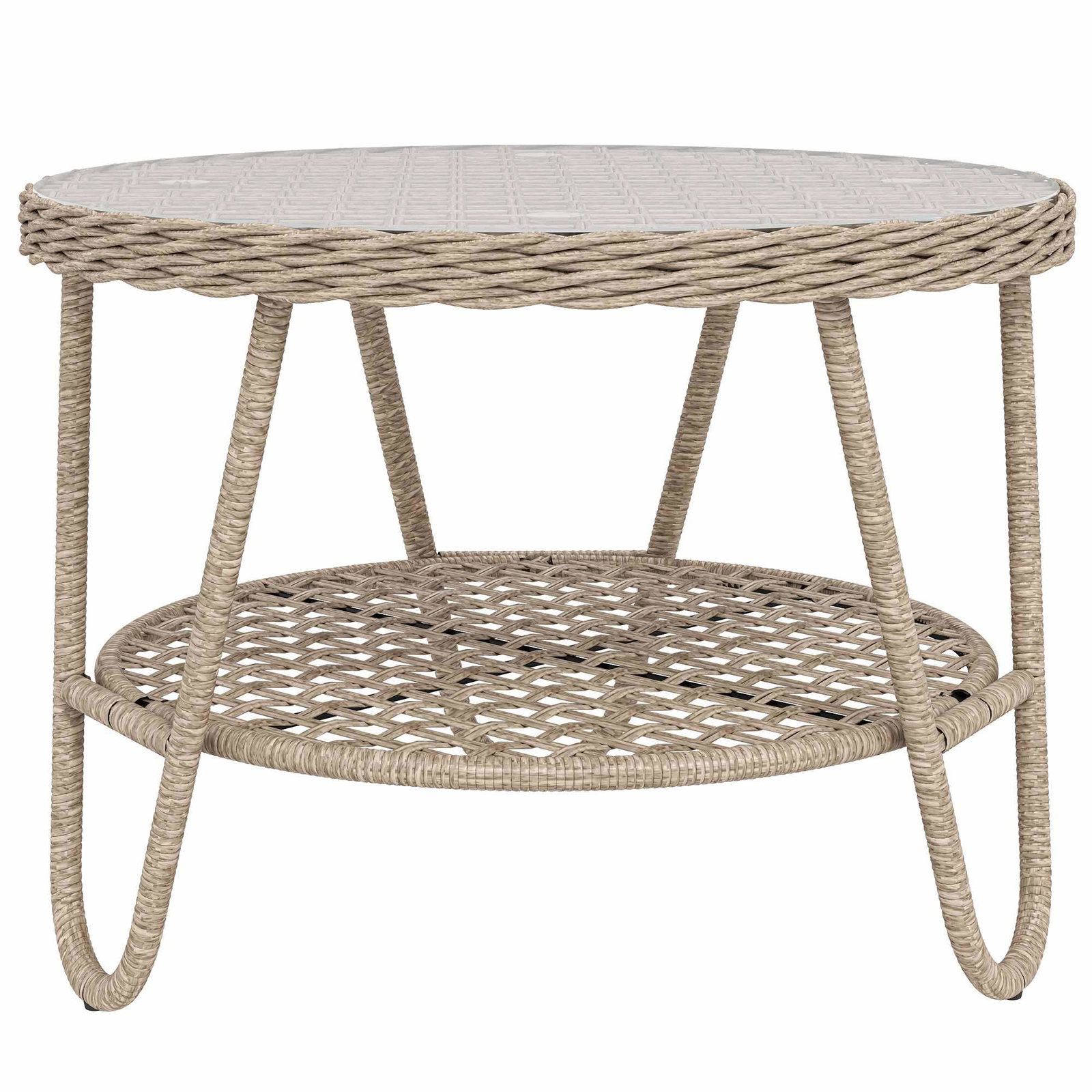 Gult 2-lags rattan sofabord – glasplade, justerbare fødder