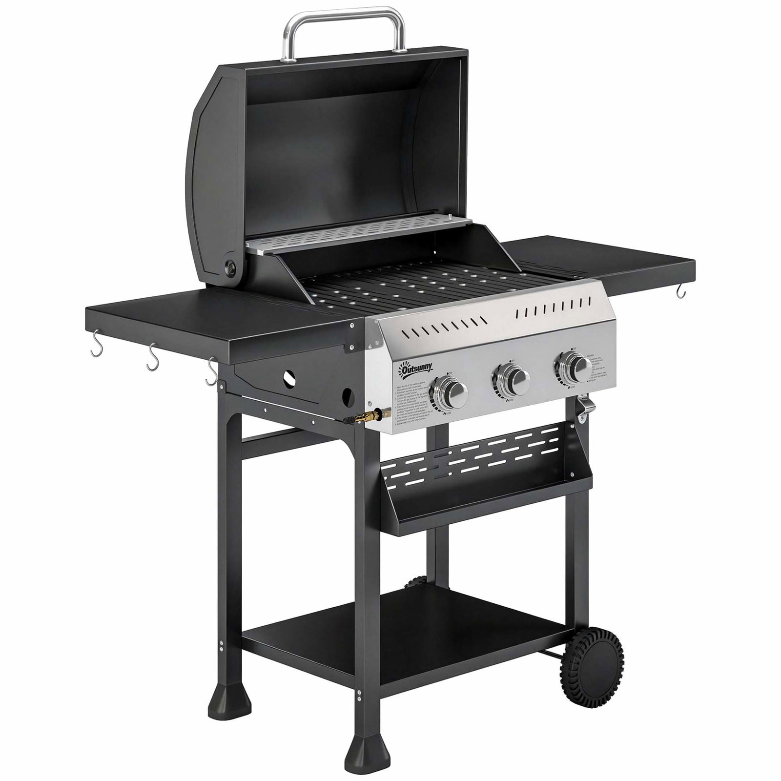 Gasgrill i rustfrit stål med 3 brændere – sammenklappelige hylder, krydderirist