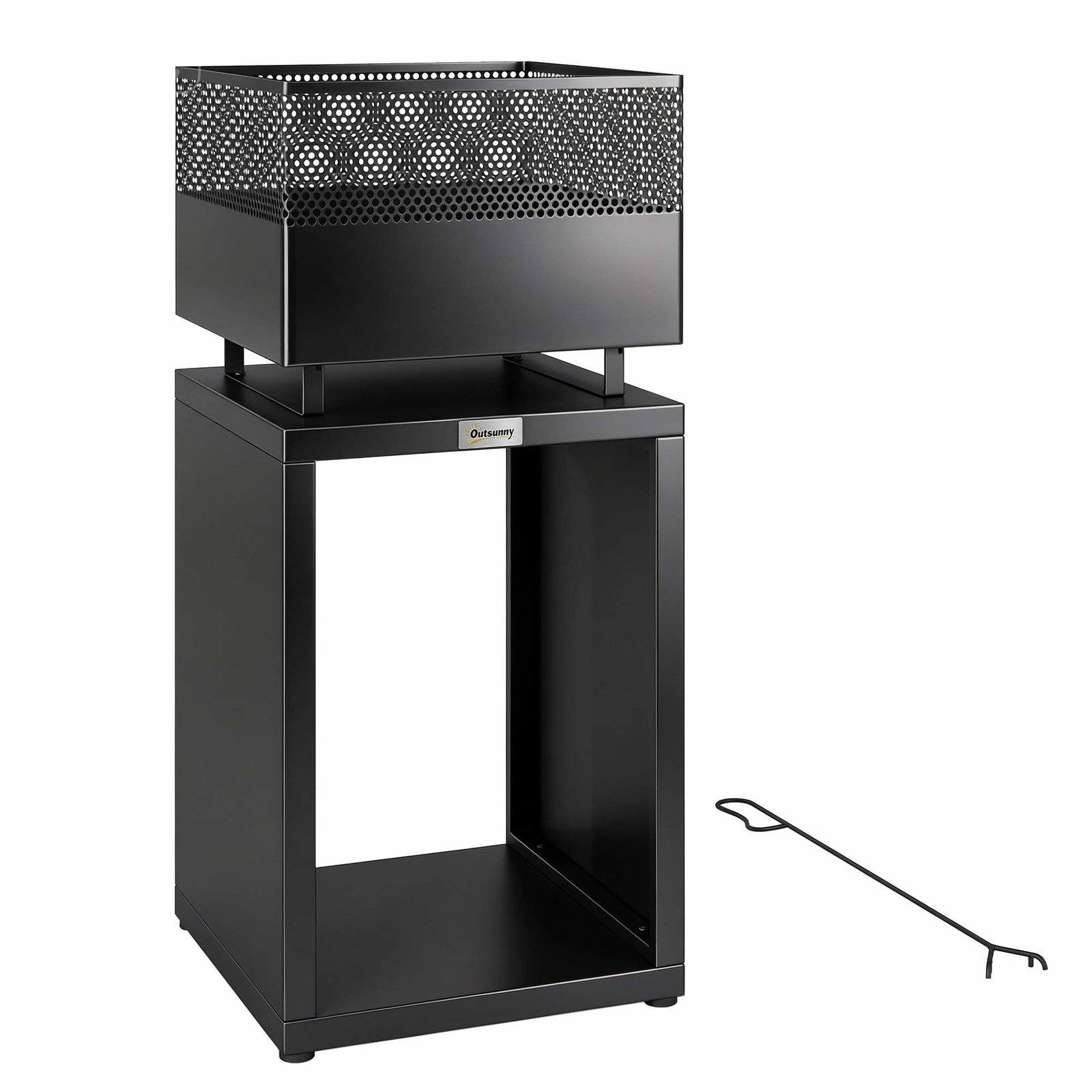 Bålsted med brændeopbevaring – 39 x 39 x 87 cm, sort