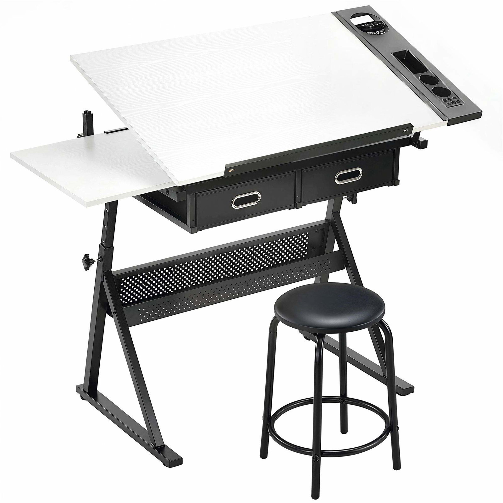 Justerbart tegnebord med skammel – hvid, opbevaring