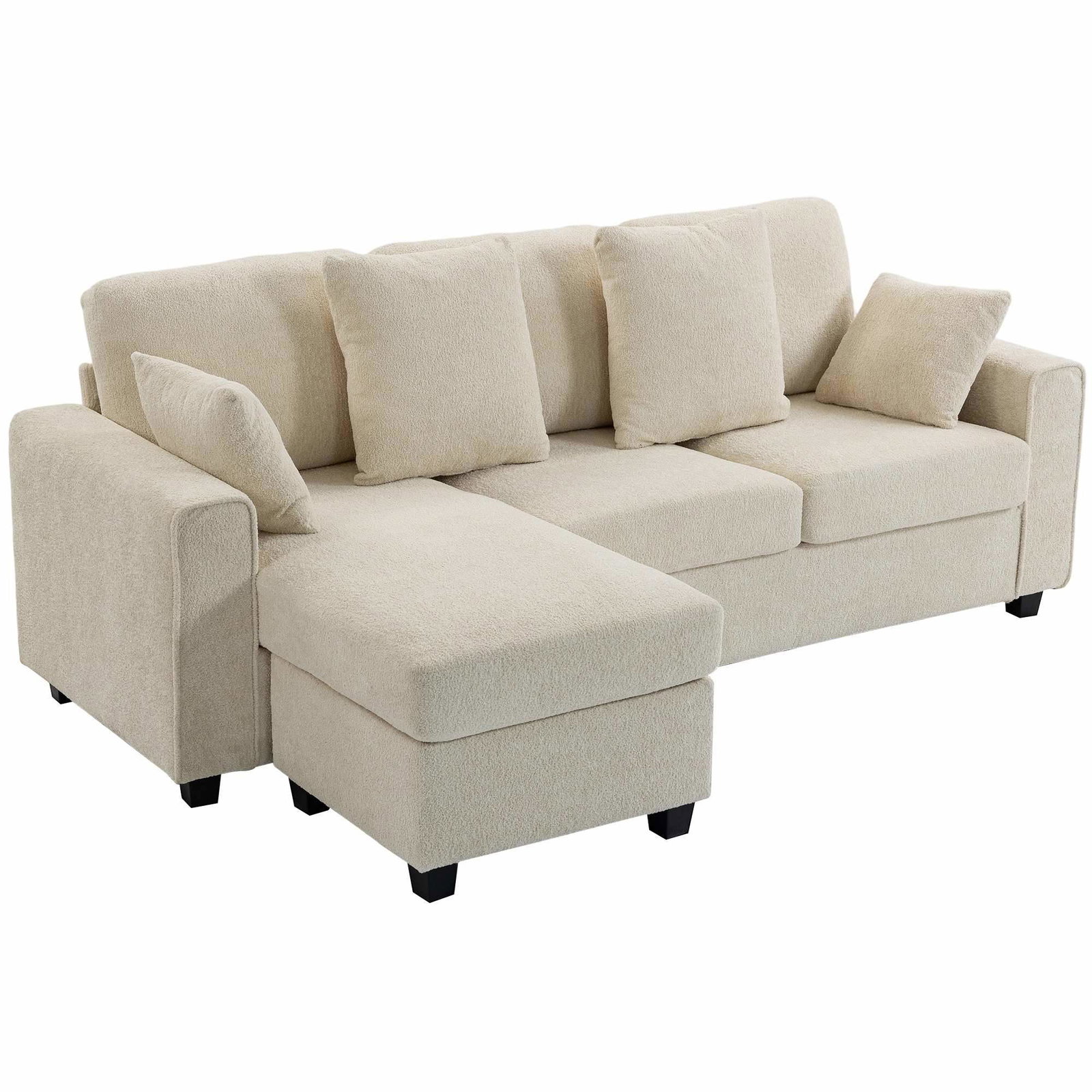Vändbar schäslongsoffa med 3 sittplatser – sammet, beige, bekväma kuddar | Hem & Hobby | Pryloteket
