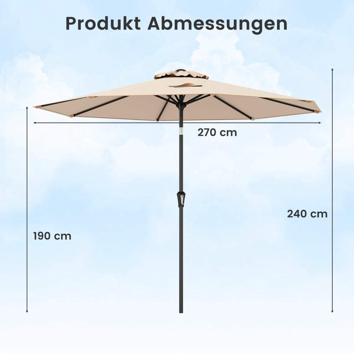 Brun 270 cm terrasseparasol – Vipbar og drejelig, ventileret