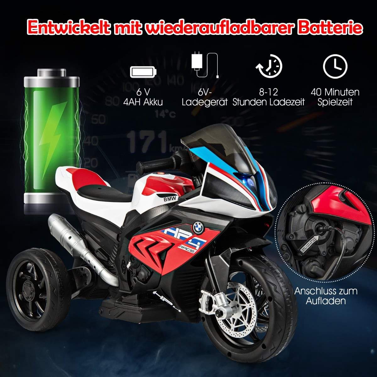 6V El-Trehjuling för Barn med Musik och Strålkastare, Röd | Hem & Hobby | Pryloteket